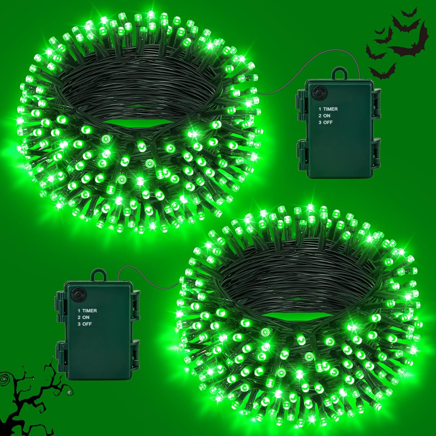 Detalle de Joolivo 2 Stück Halloween Lichterkette Outdoor – 12 m, 120 LEDs Grün