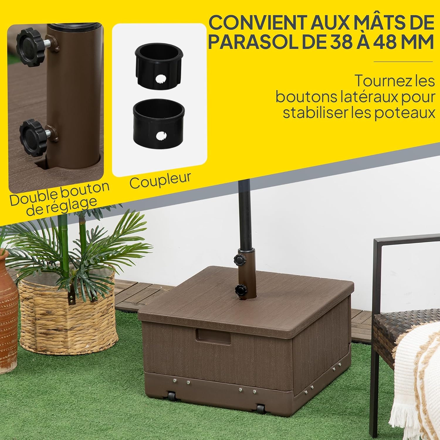 Detalle de Outsunny Pied de Parasol Base de lestage 53 x 53 cm avec Plateau Tables et Jardin – Marron