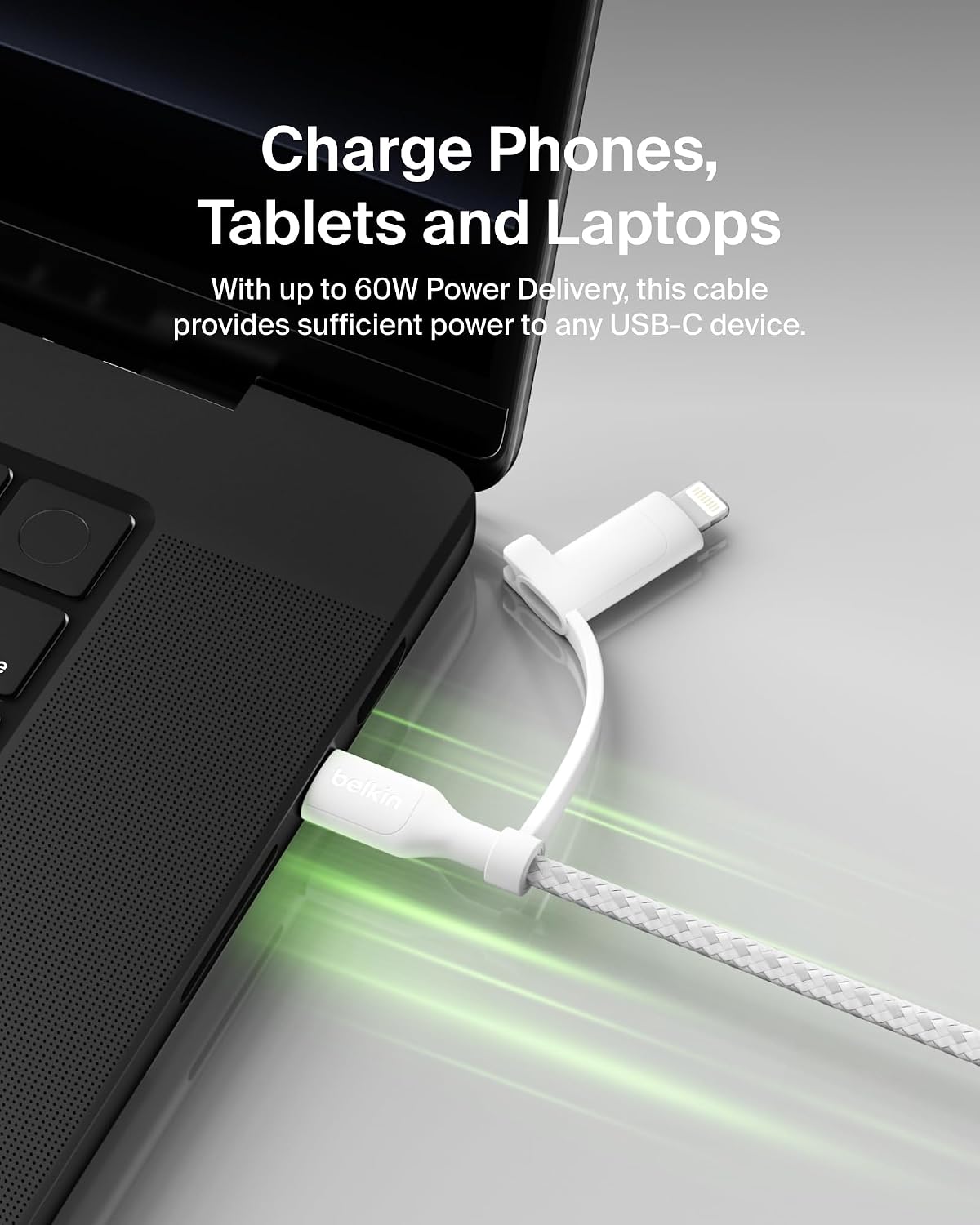 Detalle de Belkin 2-in-1 USB-C & Lightning Braided Fast-Charging Cable (White)