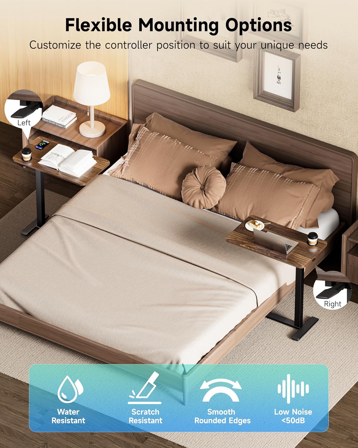 Detalle 2 de BIZUM DM5050W2716WAO Adjustable Rolling Bedside Table, Walnut, 70 x 40 cm