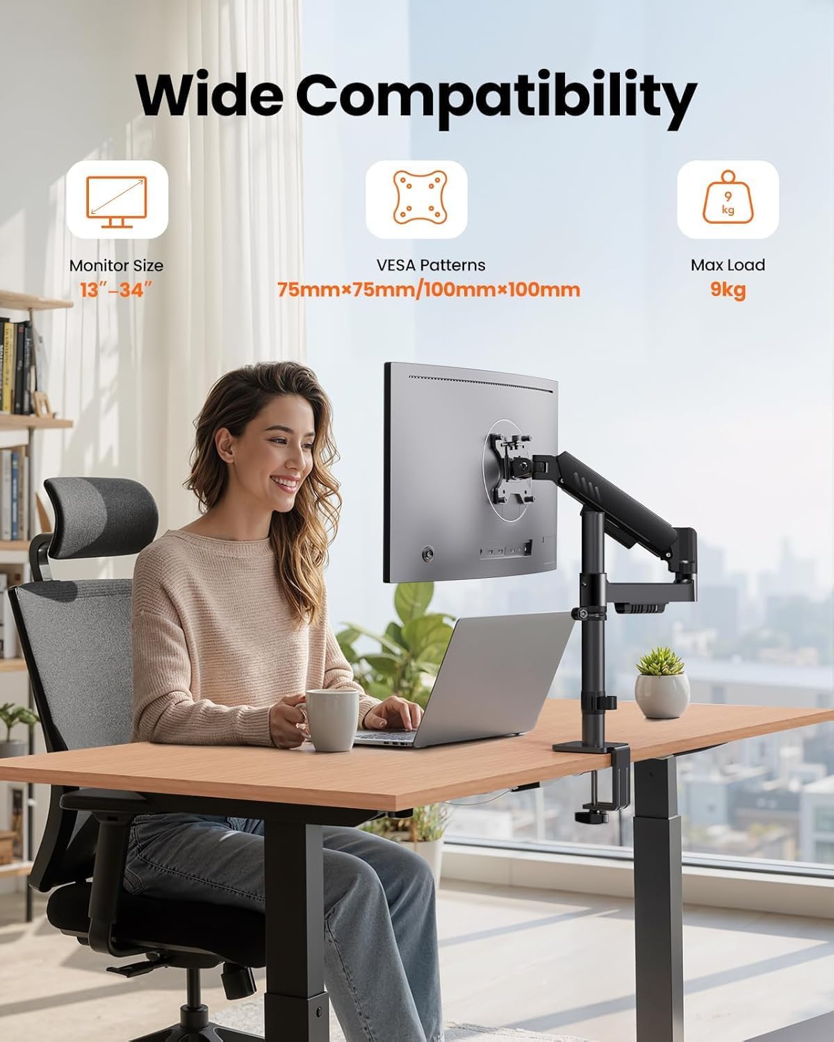 Detalle 2 de ErGear Single Monitor Arm with Integrated C-Clamp for 13–34" Monitors (Up to 9kg) with Enhanced Stability and Cable Management