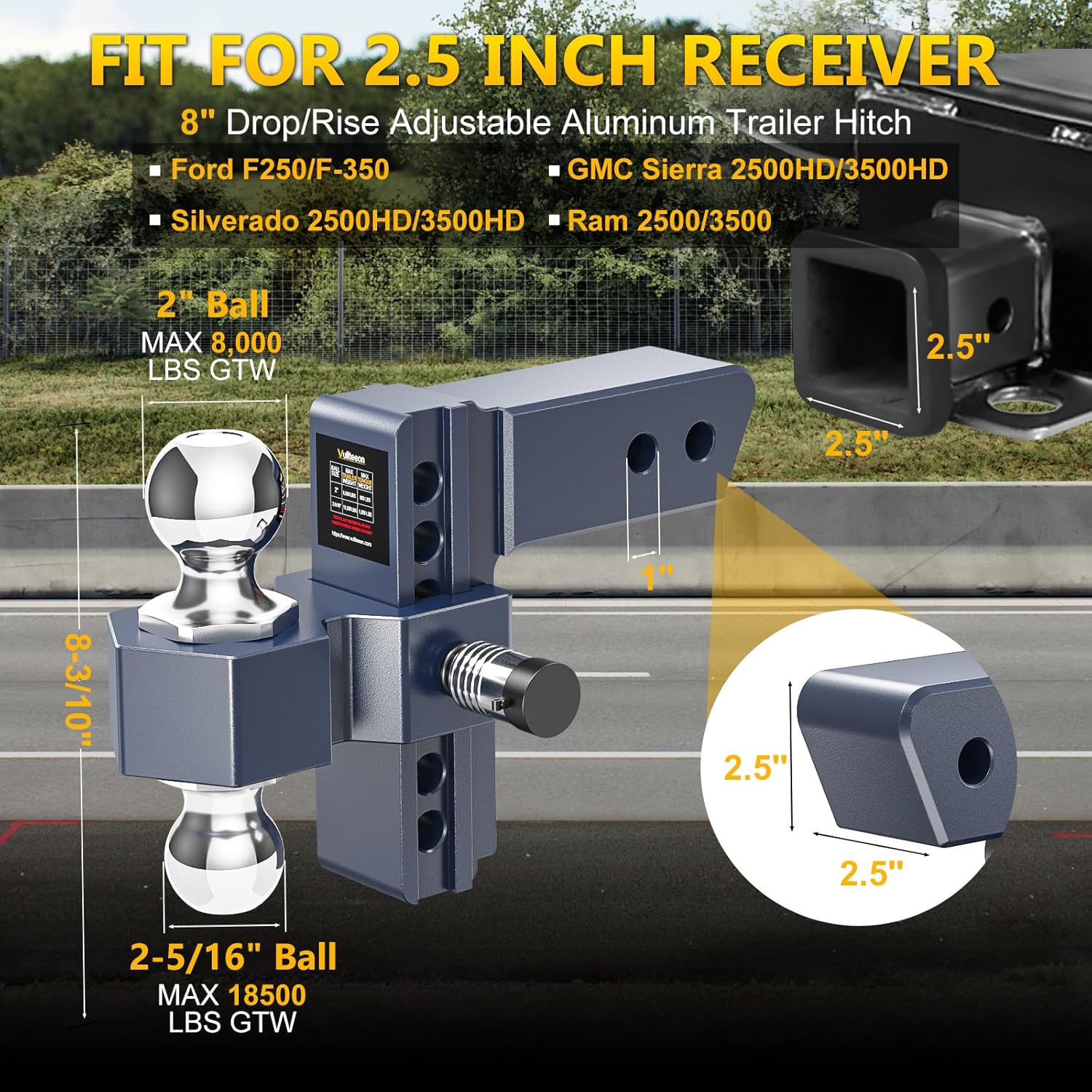 Thumbnail 1 de Vullteeon Adjustable Trailer Hitch Drop Hitch for 2.5-Inch Receiver (6-Inch Rise/Drop) with Dual-Ball Design