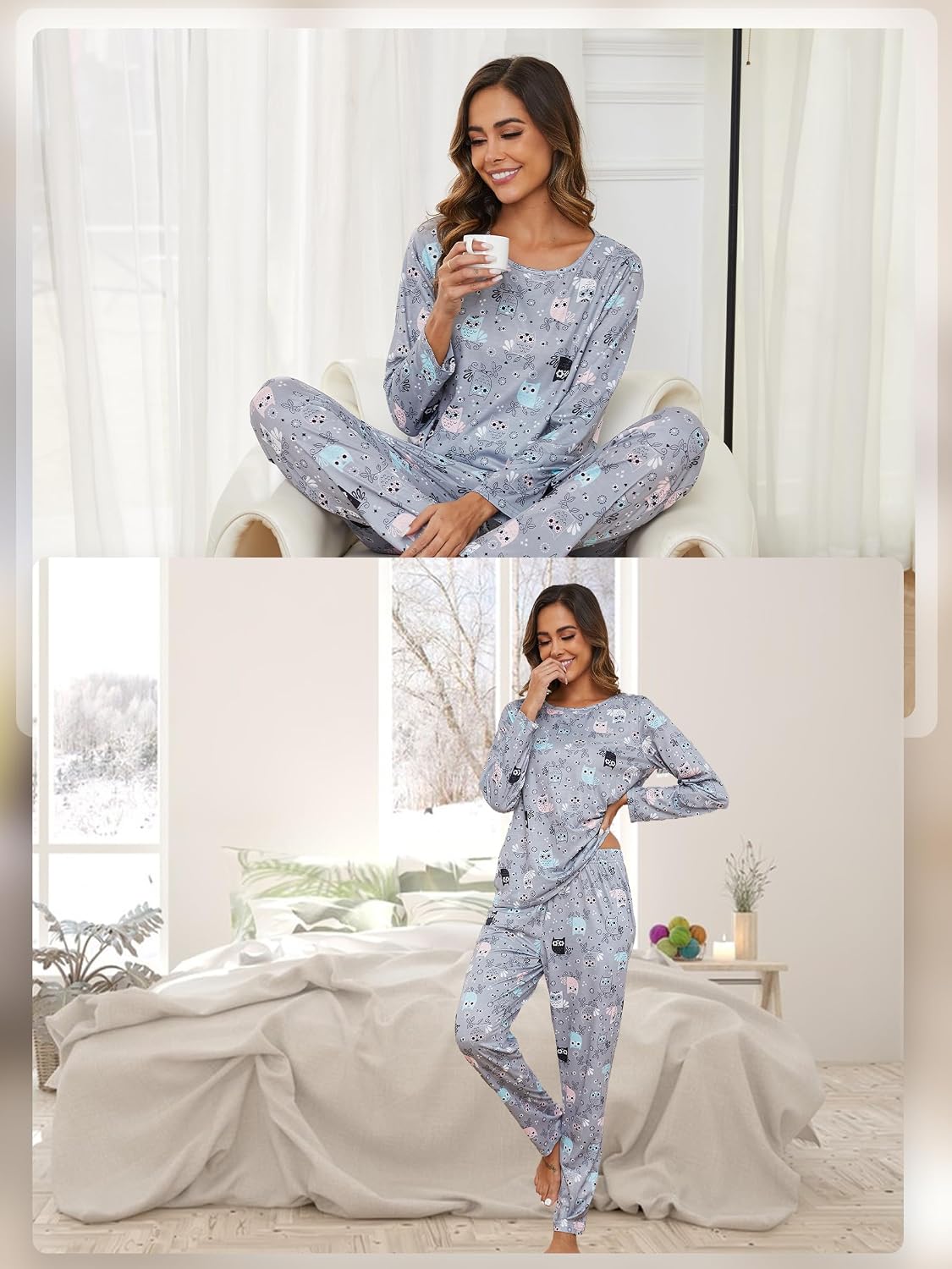 Detalle de Reliwel Damen-Schlafanzug Lang aus Baumwolle – Pyjama-Set mit Langarm-Oberteil und langer Schlafanzughose