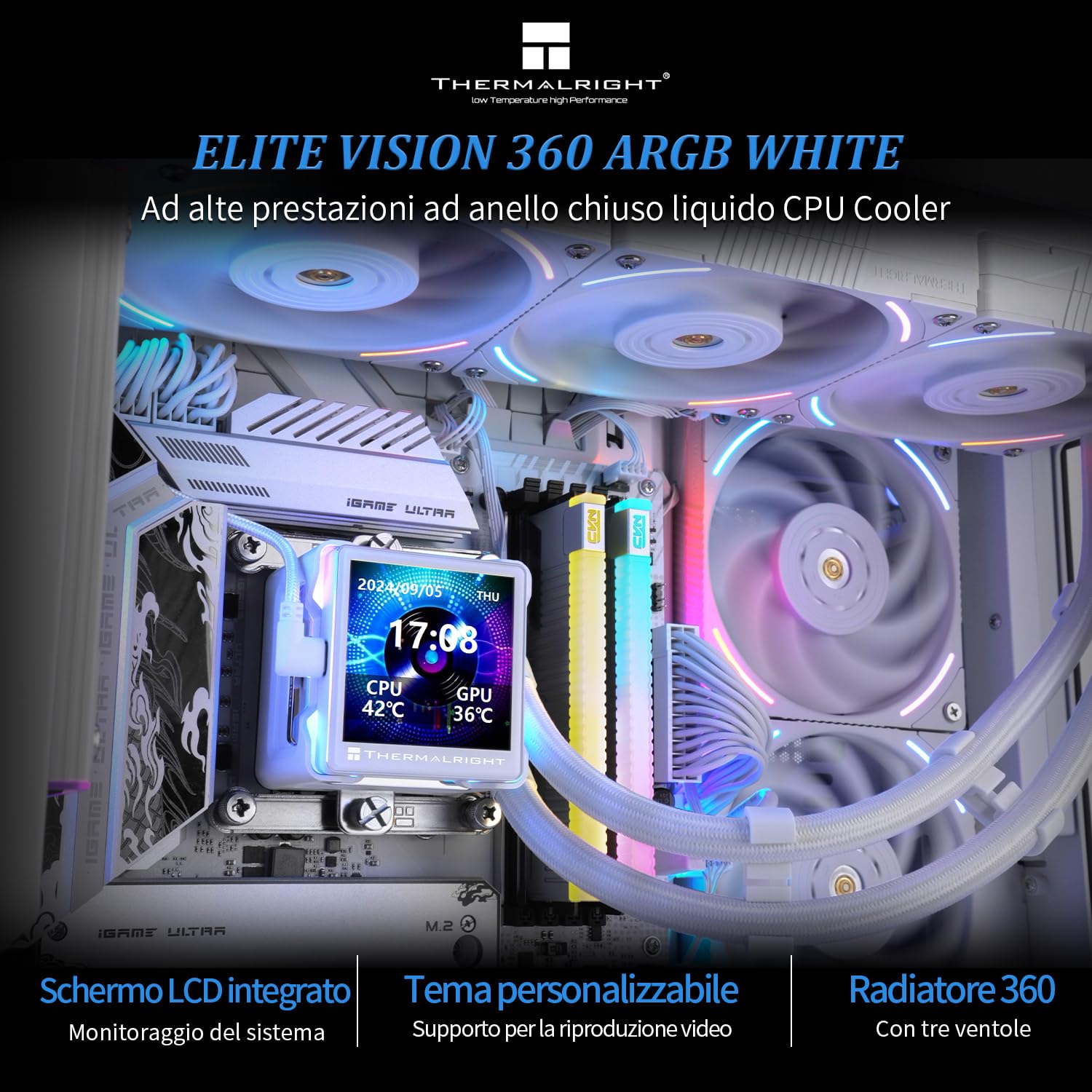 Detalle 2 de TR Elite Vision 360 ARGB White liquid CPU cooler con display IPS LCD 2,73" (360 mm) per AM5 e Intel 1700/1851