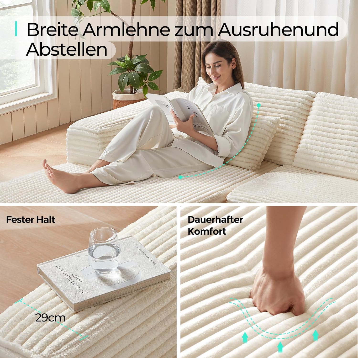Detalle 2 de LINSY HOME Ecksofa mit Schlaffunktion (270 cm) aus Corduroy, L-Form mit Ottomane und modularen Segmenten – beige