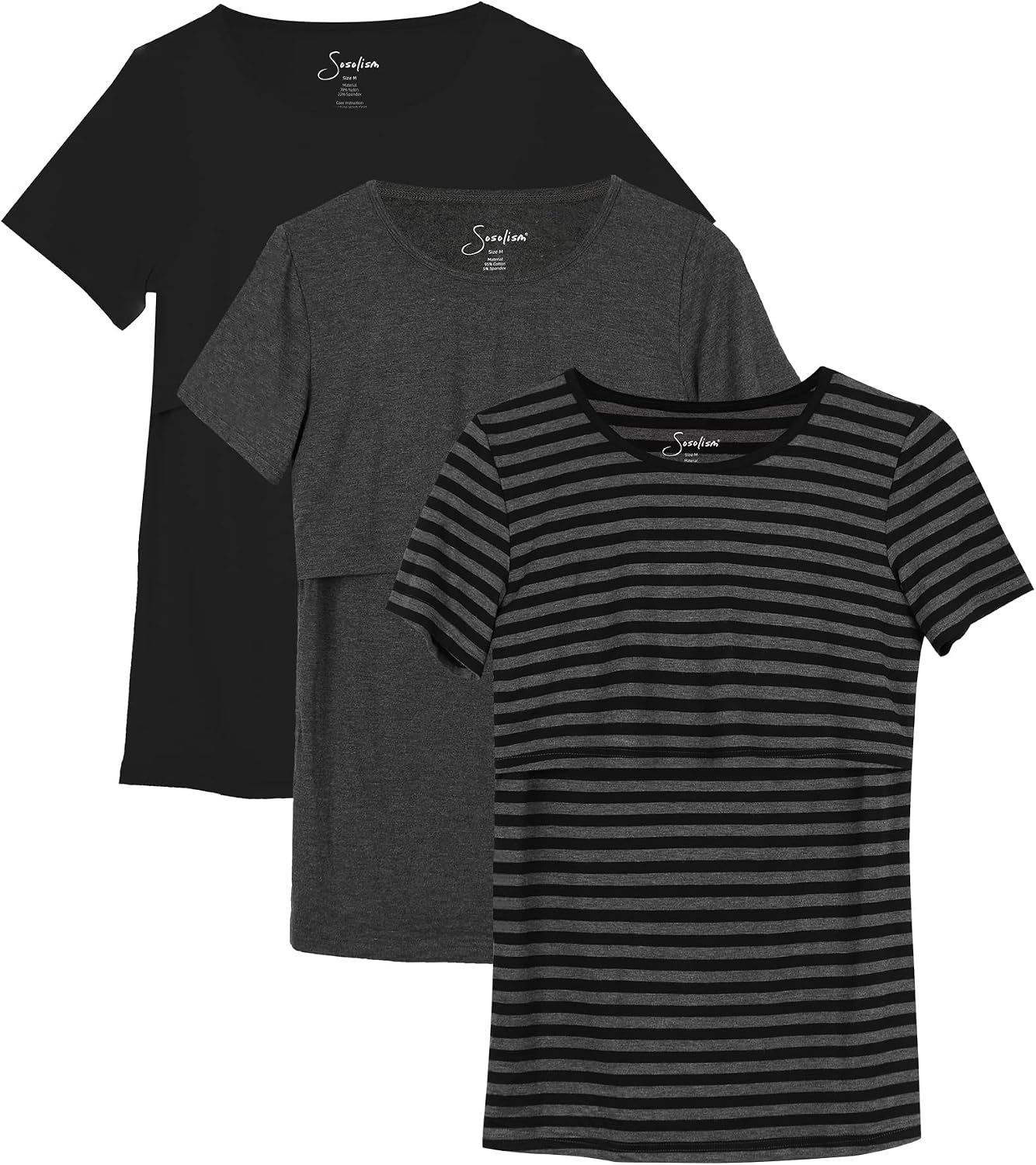 Detalle de Sosolism Women’s Maternity & Nursing Tops (3-Pack) – Short Sleeve Nursing T-Shirts for Breastfeeding