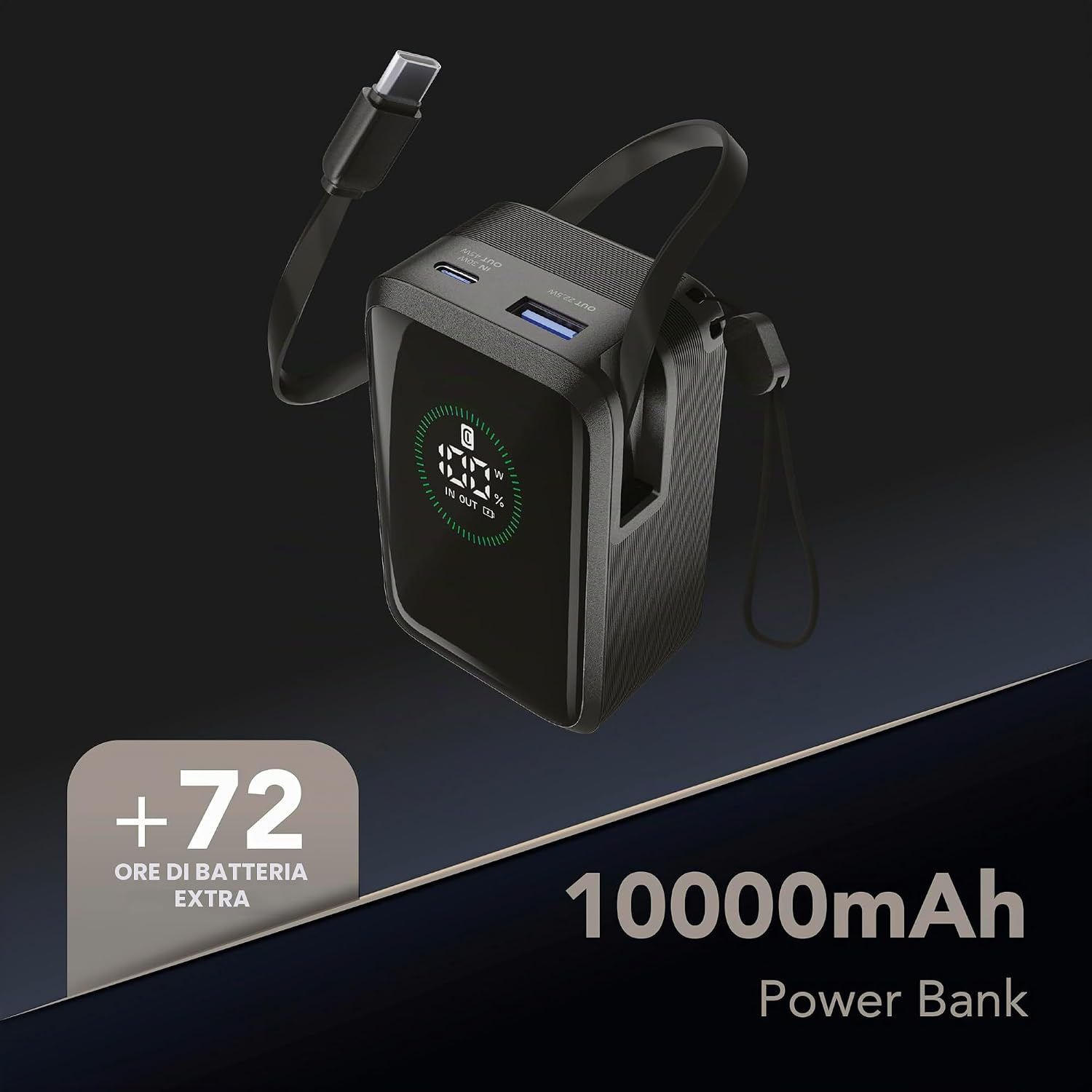 Detalle de Power bank Roller 10.000 mAh di Cellularline: ricarica ultrarapida 45 W con cavo retrattile e display LCD