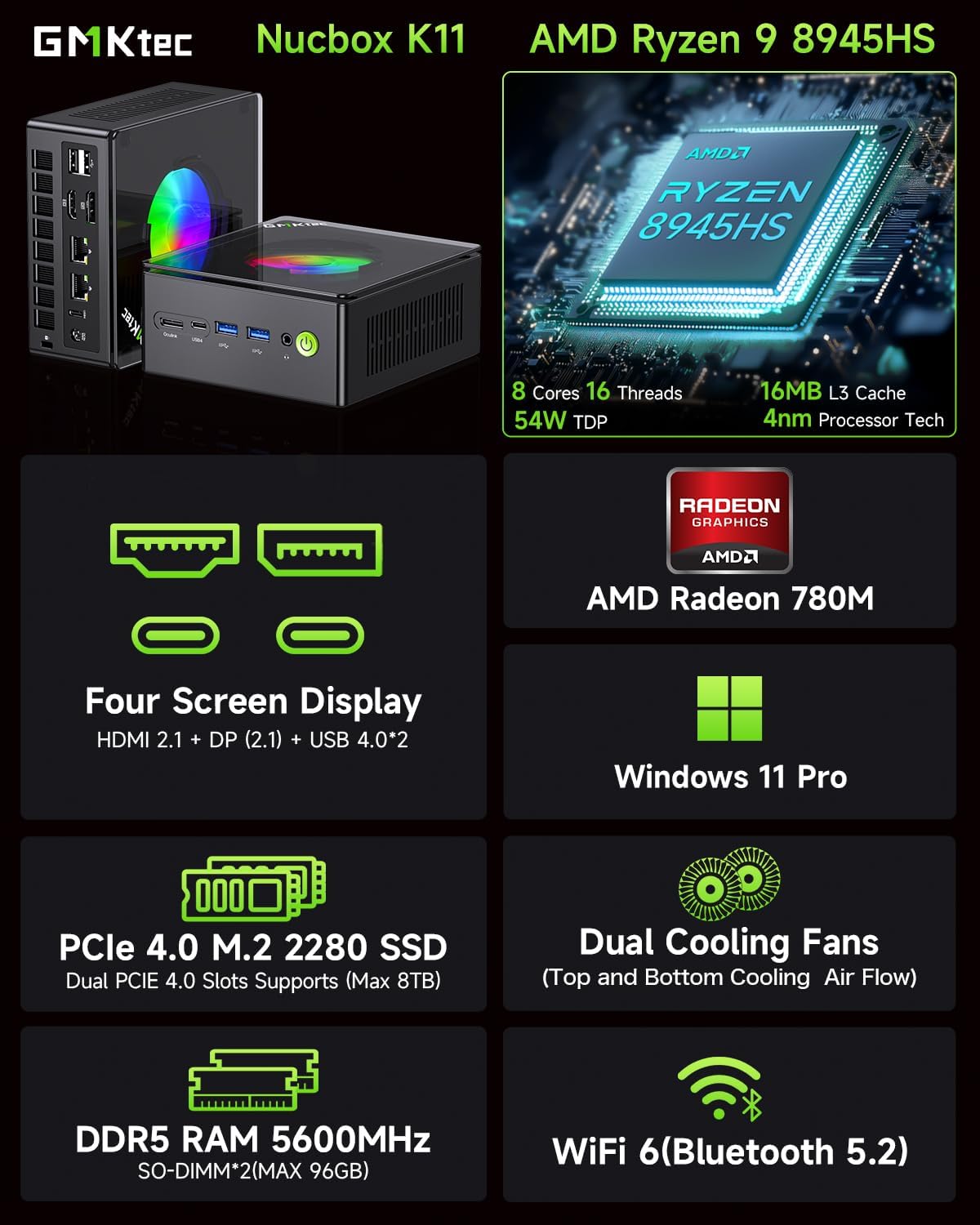 Detalle de GMKtec K11 Mini Gaming PC with AMD Ryzen 9 8945HS, 32GB DDR5, 512GB SSD, Oculink, Dual 2.5GbE LAN
