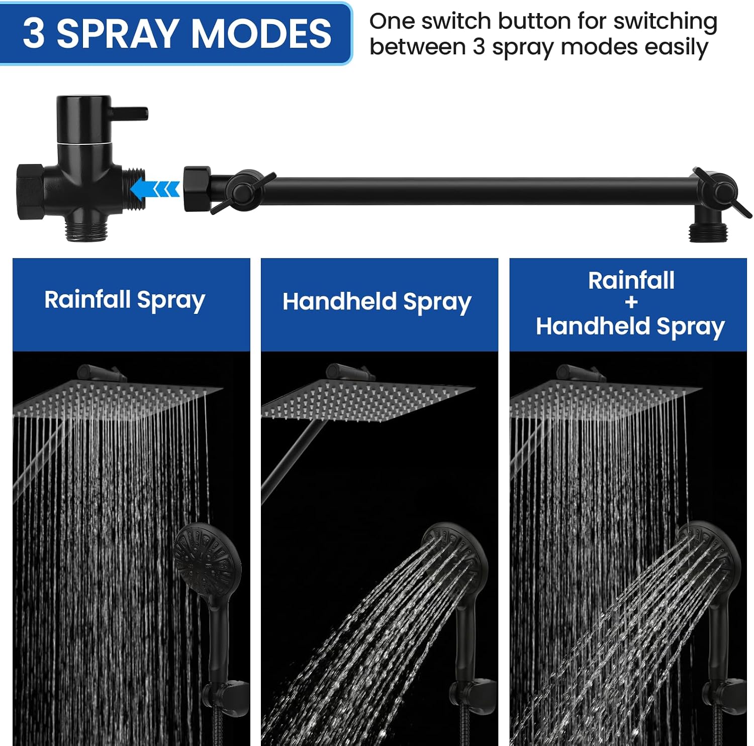 Thumbnail 6 de Tudoccy SHP-HS Shower Head Combo (8" Rainfall + Handheld) in Matte Black with 11" Extension Arm