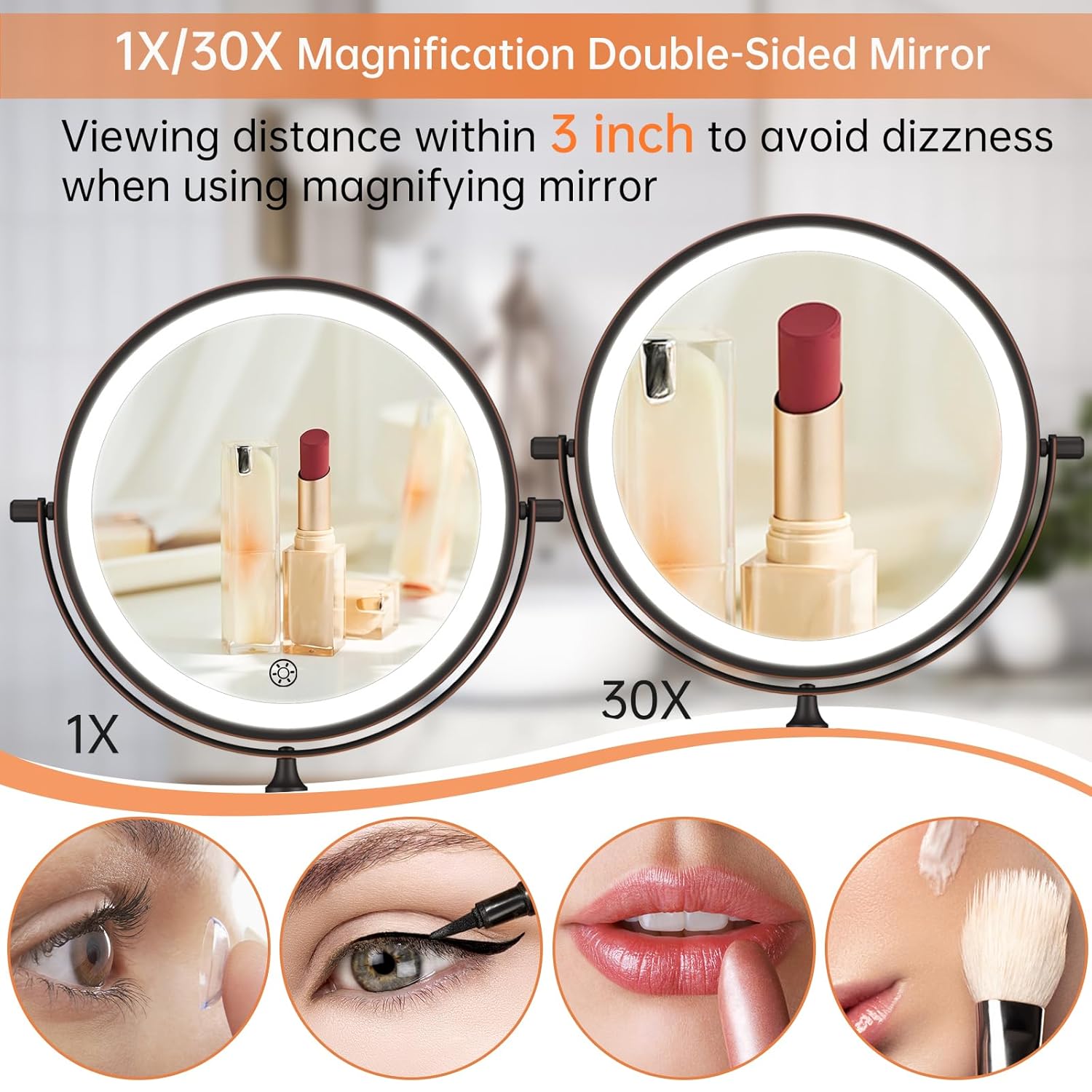 Detalle de 5000mAh Rechargeable Wall Mounted Lighted Makeup Vanity Mirror with 1X/30X Magnification in Antique Bronze