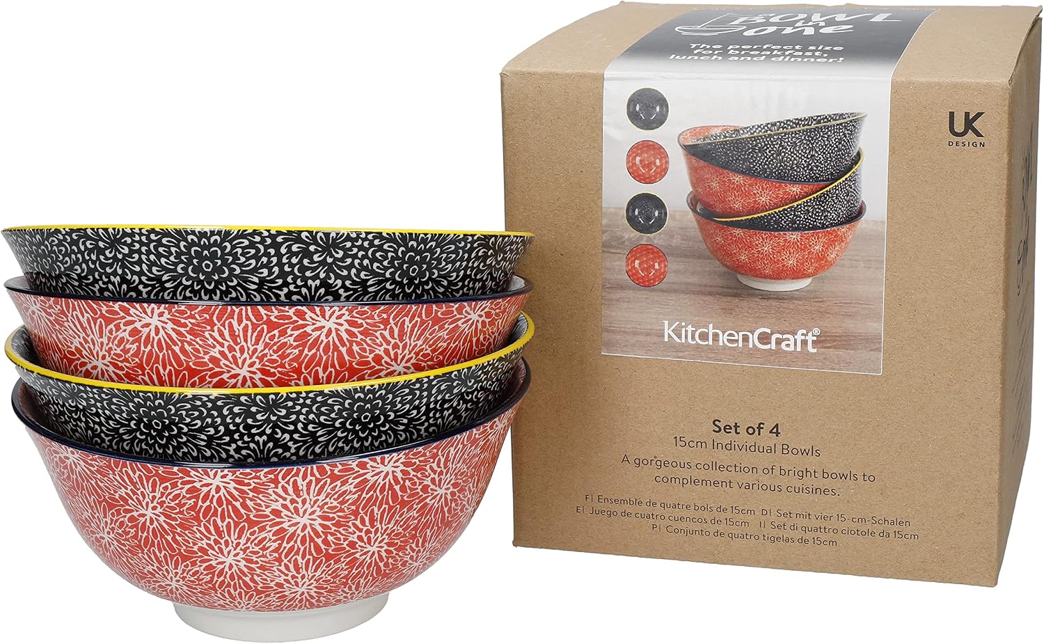 Detalle de KitchenCraft Glazed Stoneware Bowl Set of 4, Red and Black Floral, 700 ml