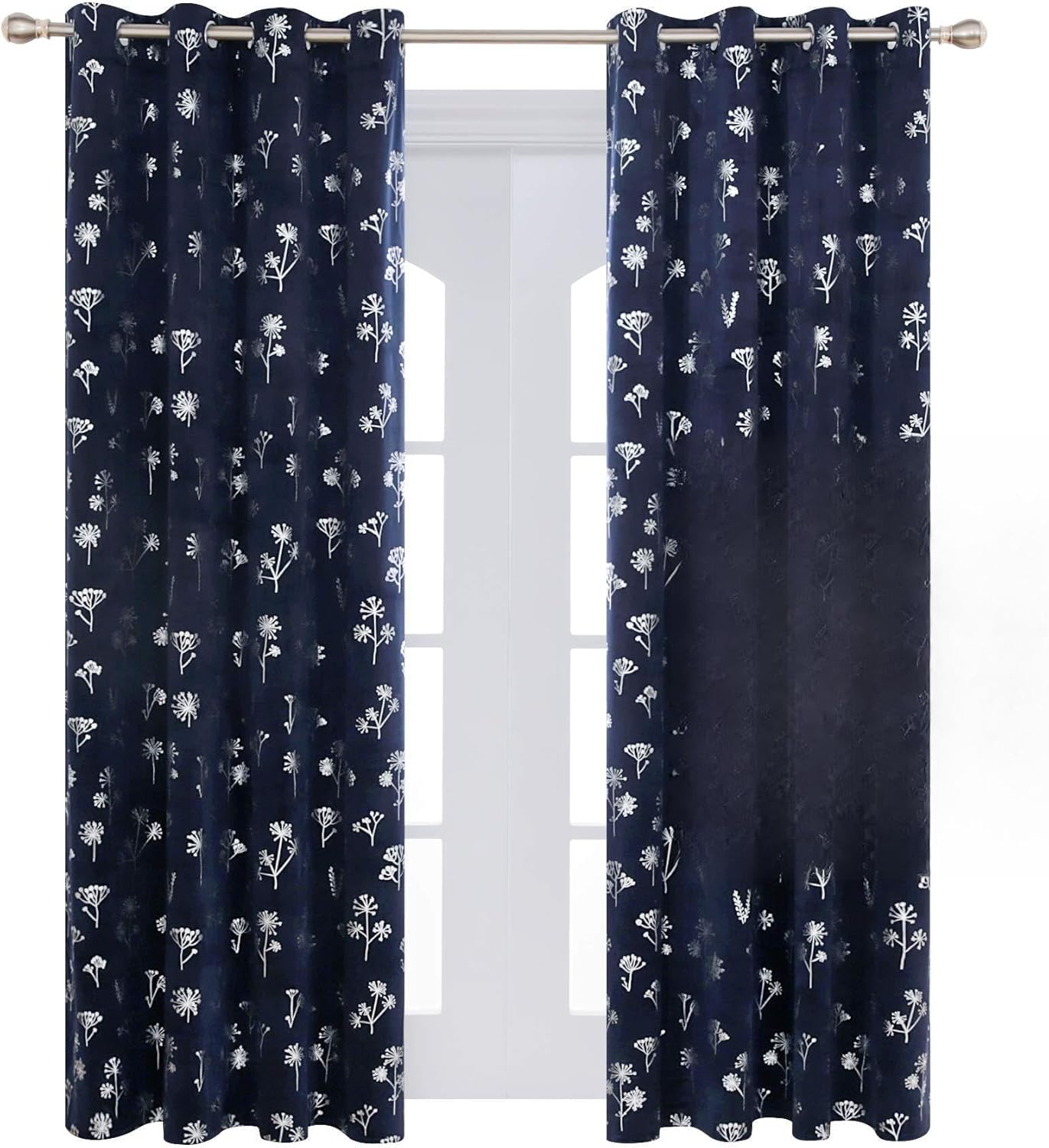 Thumbnail 6 de Deconovo Super Soft Faux Velvet Curtains: Silver Flower Pattern Eyelets (52 x 72 in) – One Pair