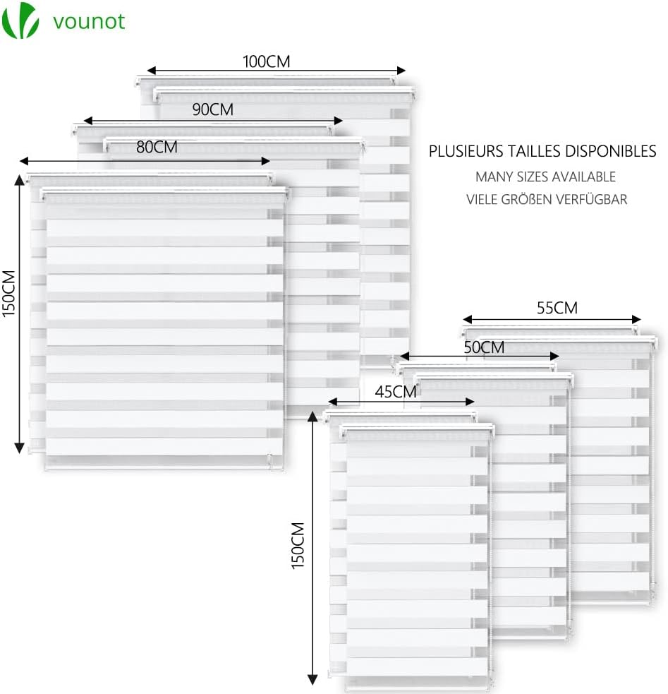 Thumbnail 5 de Vounot Lot de 2 Store Enrouleur Jour Nuit Double Tissu 50 x 150 cm – Installation sans ou avec perçage, Blanc