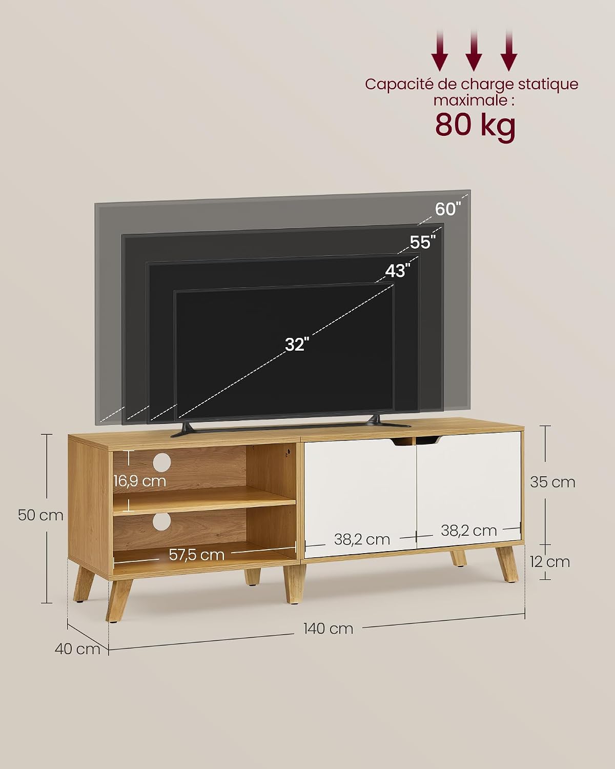 Detalle de VASAGLE MIRANTA LTV027N01 tv-meubel 140 cm met 2 deuren en verstelbare legplanken