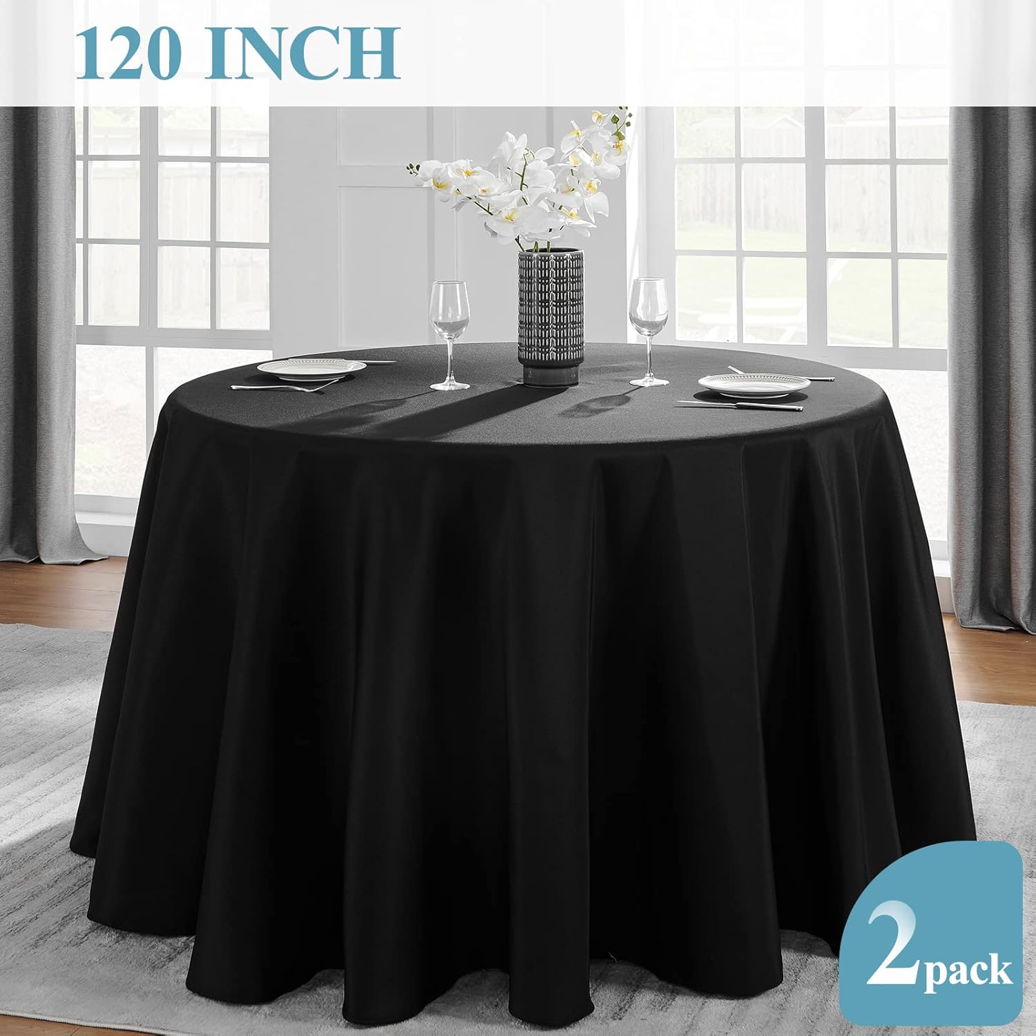Thumbnail 4 de VidaFete 2 Pack 120-Inch Round Polyester Tablecloths (Black) for Indoor & Outdoor Dining