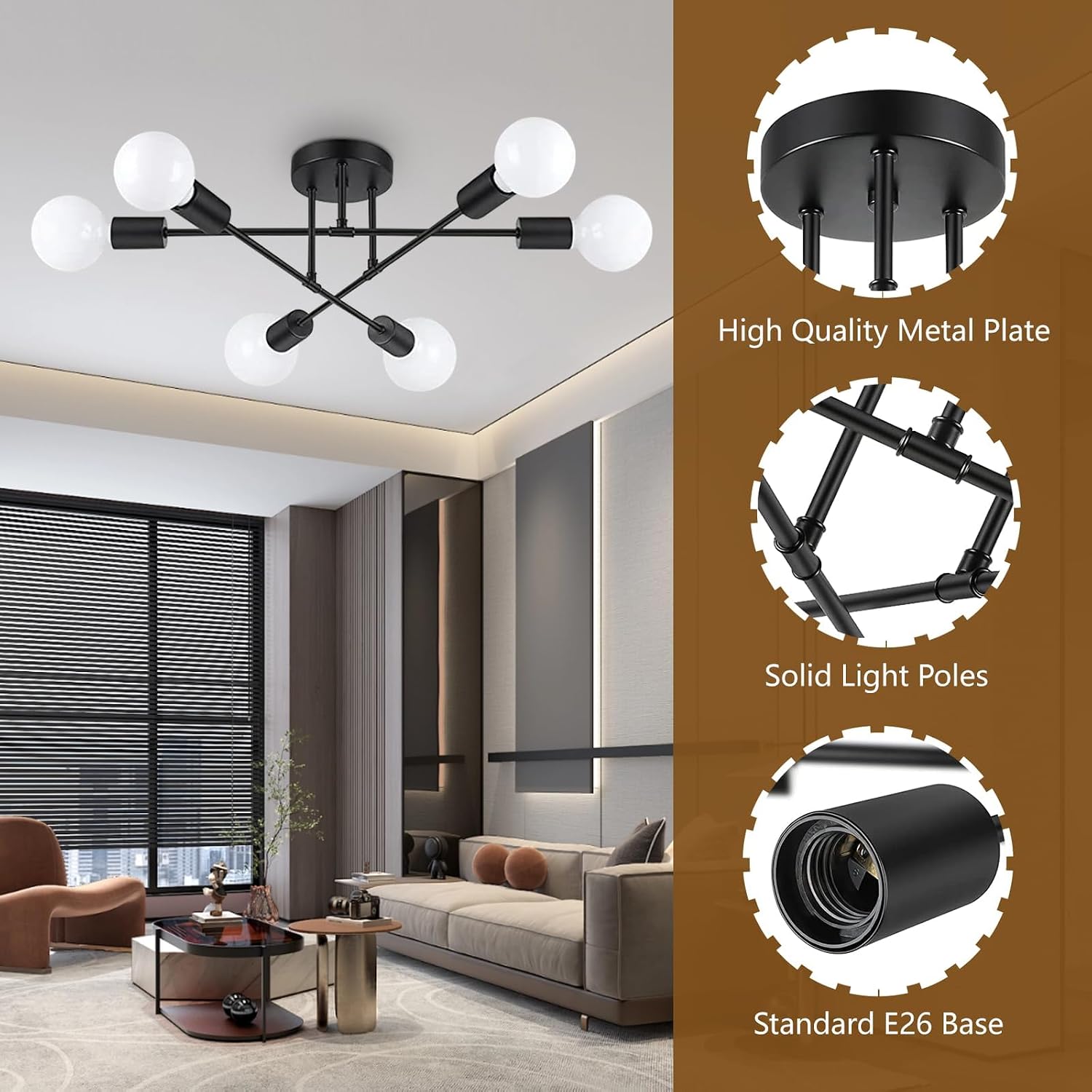 Detalle 2 de Maichixin 1 6-Light Sputnik Chandelier, Black Semi-Flush Ceiling Light