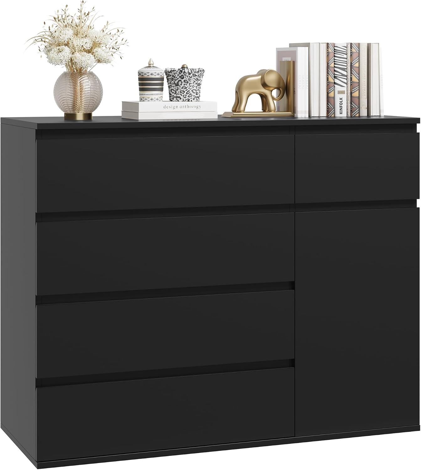 Detalle de FOREHILL M241 Chest of Drawers, Black, 5 Drawers and Door Storage, 100 x 40 x 80 cm