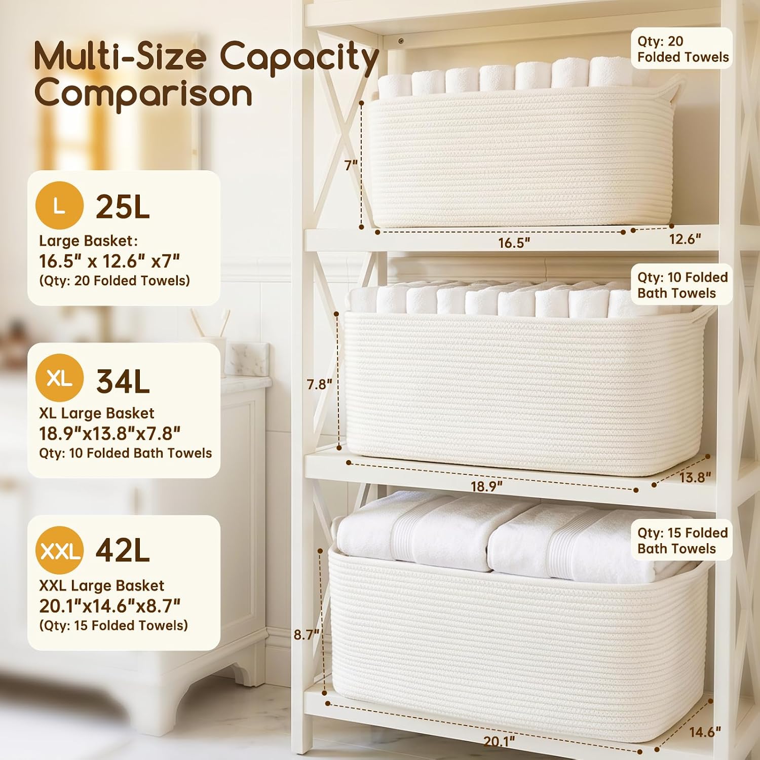 Detalle de OIASKET MSFD74P100 Cotton Rope Gift Basket, White, 25-Liter Capacity