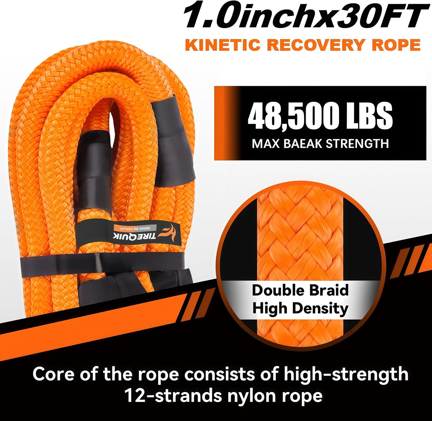 Thumbnail 1 de Kinetic Recovery Rope (1" x 30ft, 48,500 lbs) with 2 Soft Shackles — Offroad Tow Kit for Trucks, SUVs, UTVs, ATVs, and Tractors