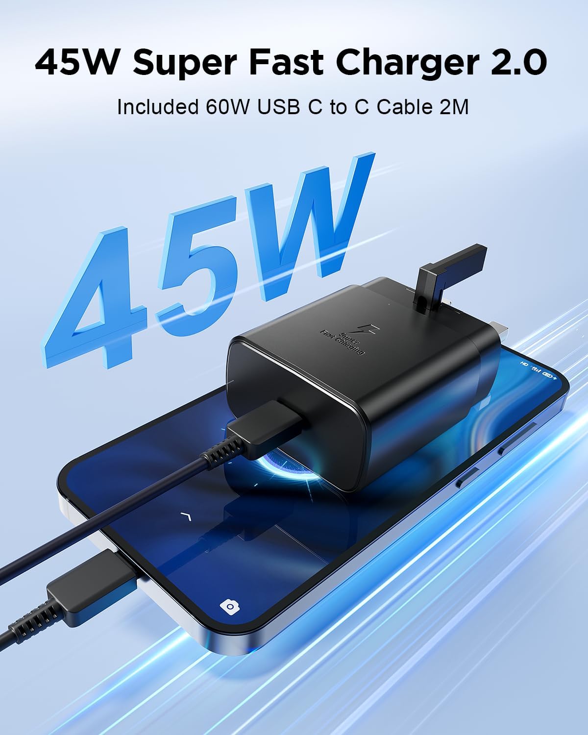 Detalle de OBNIARAI 45W Samsung Fast Charger Plug with USBC Cable (2m) for Galaxy S26 / S25 / S24 / S23 / S22 series
