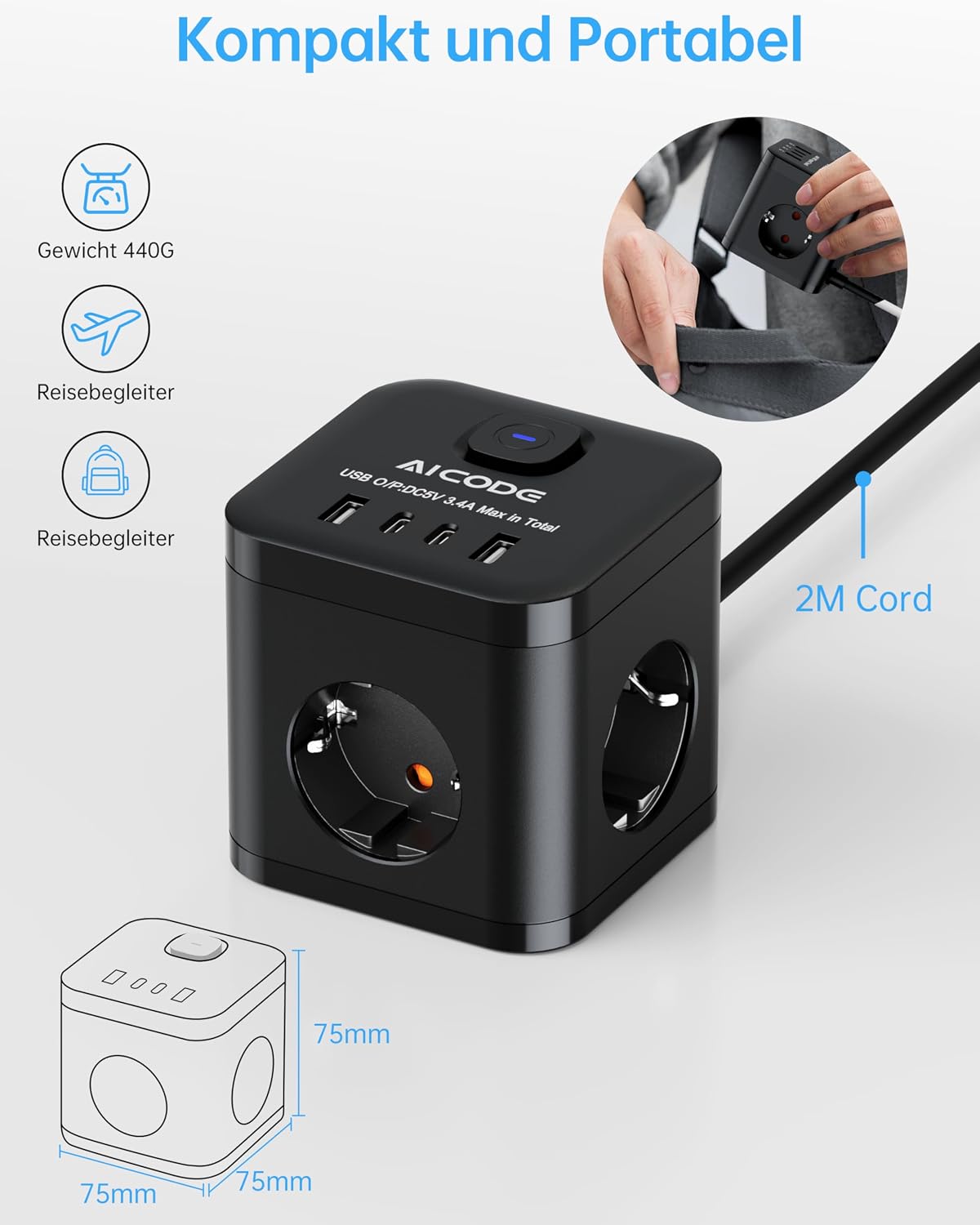 Thumbnail 3 de AICODE Steckdosenwürfel 3680 W mit 4 USB