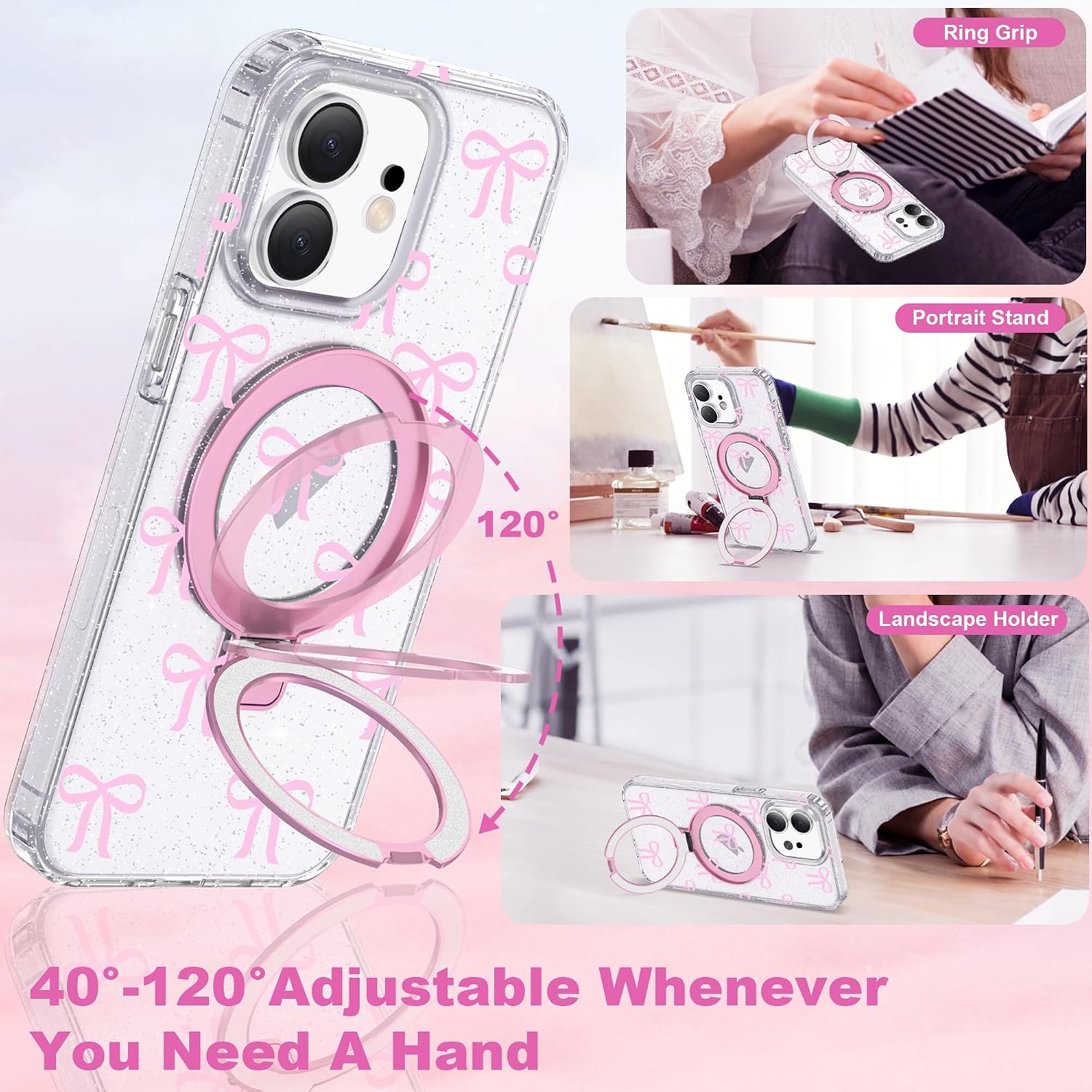 Detalle 2 de ETPESOK Butterfly Case for iPhone 15 Plus, C-Pink with Magnetic Ring Stand