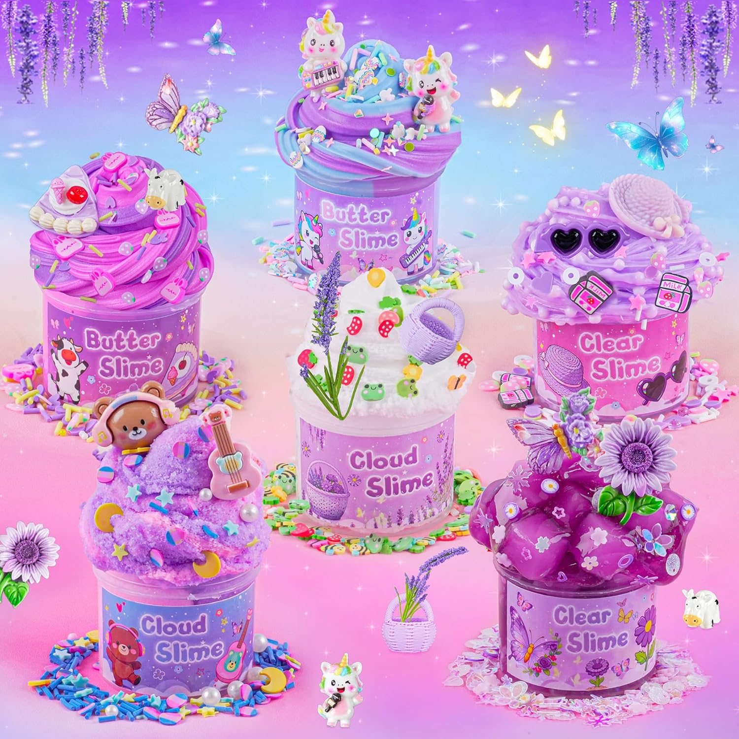 Thumbnail 4 de LAWOHO 6-Pack Purple Lavender Slime Kit (Cloud, Clear & Butter Slimes) with Charms & Add-ins