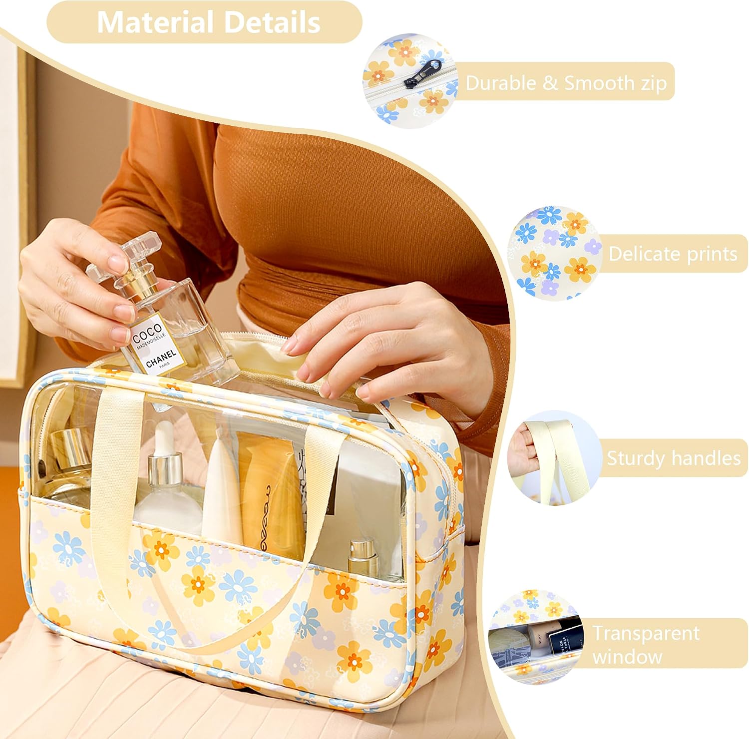 Detalle de Mikytoper Clear Toiletry Bag set (3 pcs) – Waterproof PVC wash bags with handle, 2024 Yellow