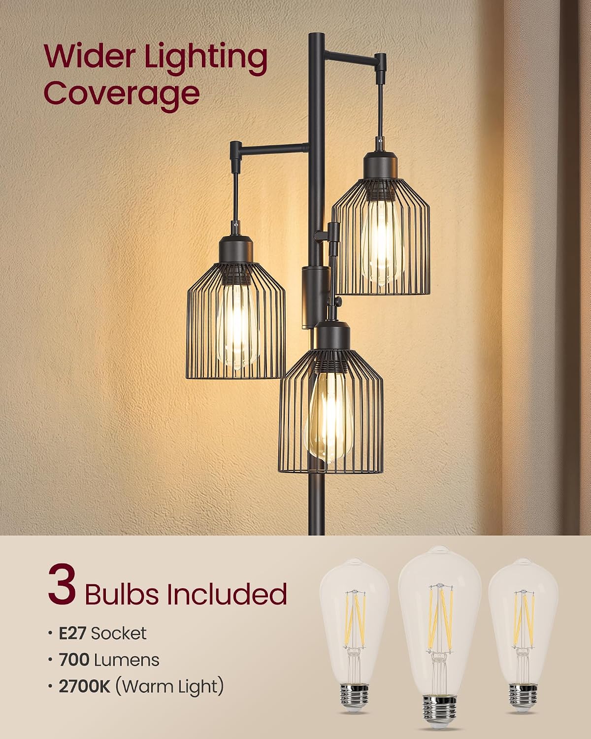Thumbnail 3 de VASAGLE 176cm Floor Lamp with 3 Bulbs and Adjustable Brightness (Ink Black) LFL013BD03
