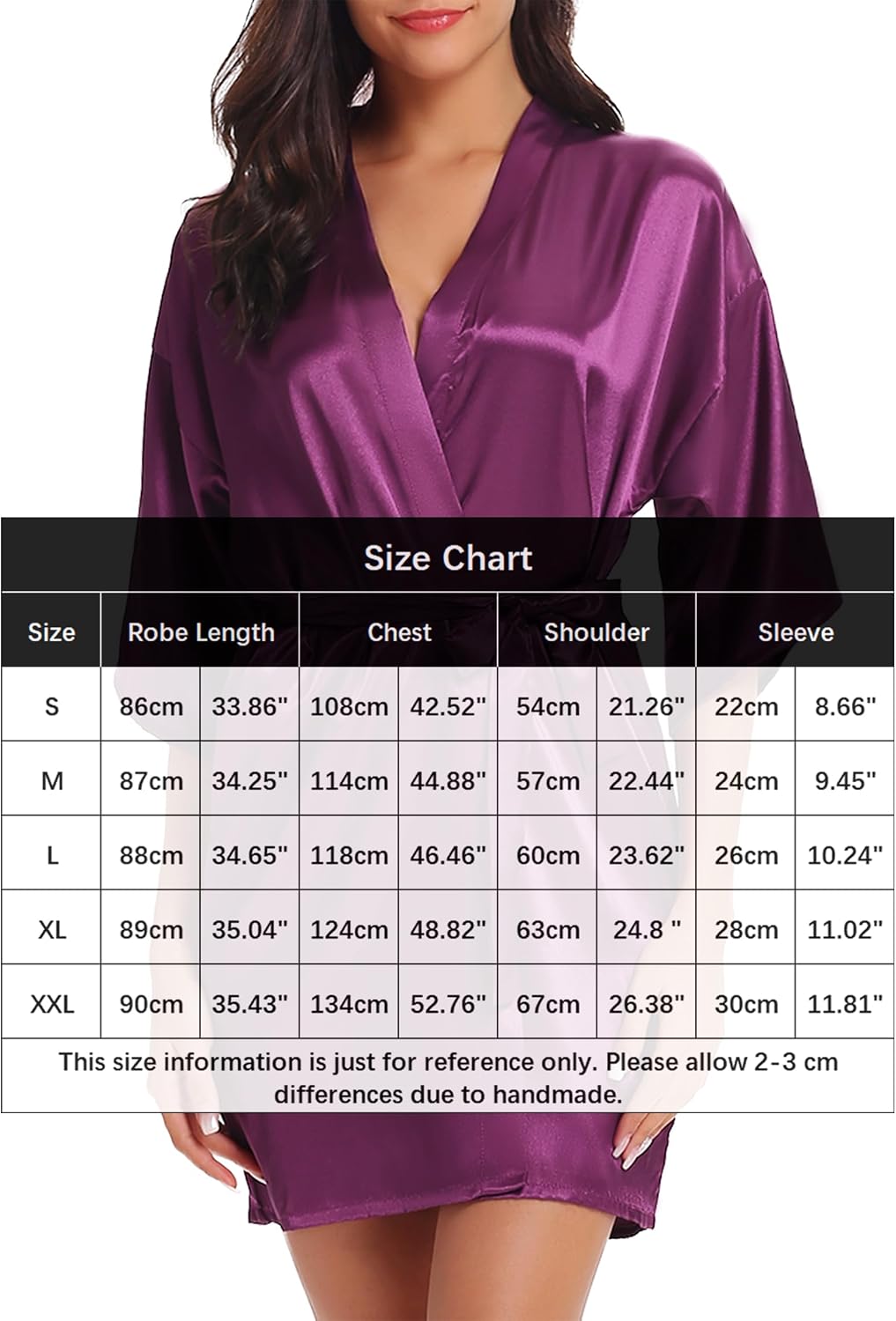 Detalle 2 de Wikoan Peignoir de Bain Femme Satin – Robe de Chambre Kimono 3/4 Manche