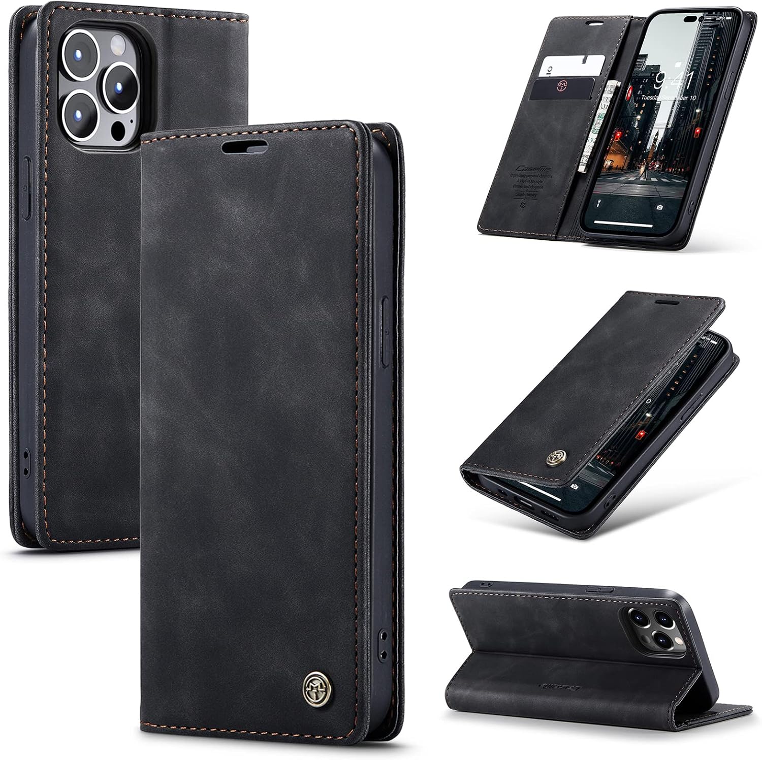 Detalle de Cracedily Klapphülle Premium Leder für iPhone 14 Pro Max – Schwarz