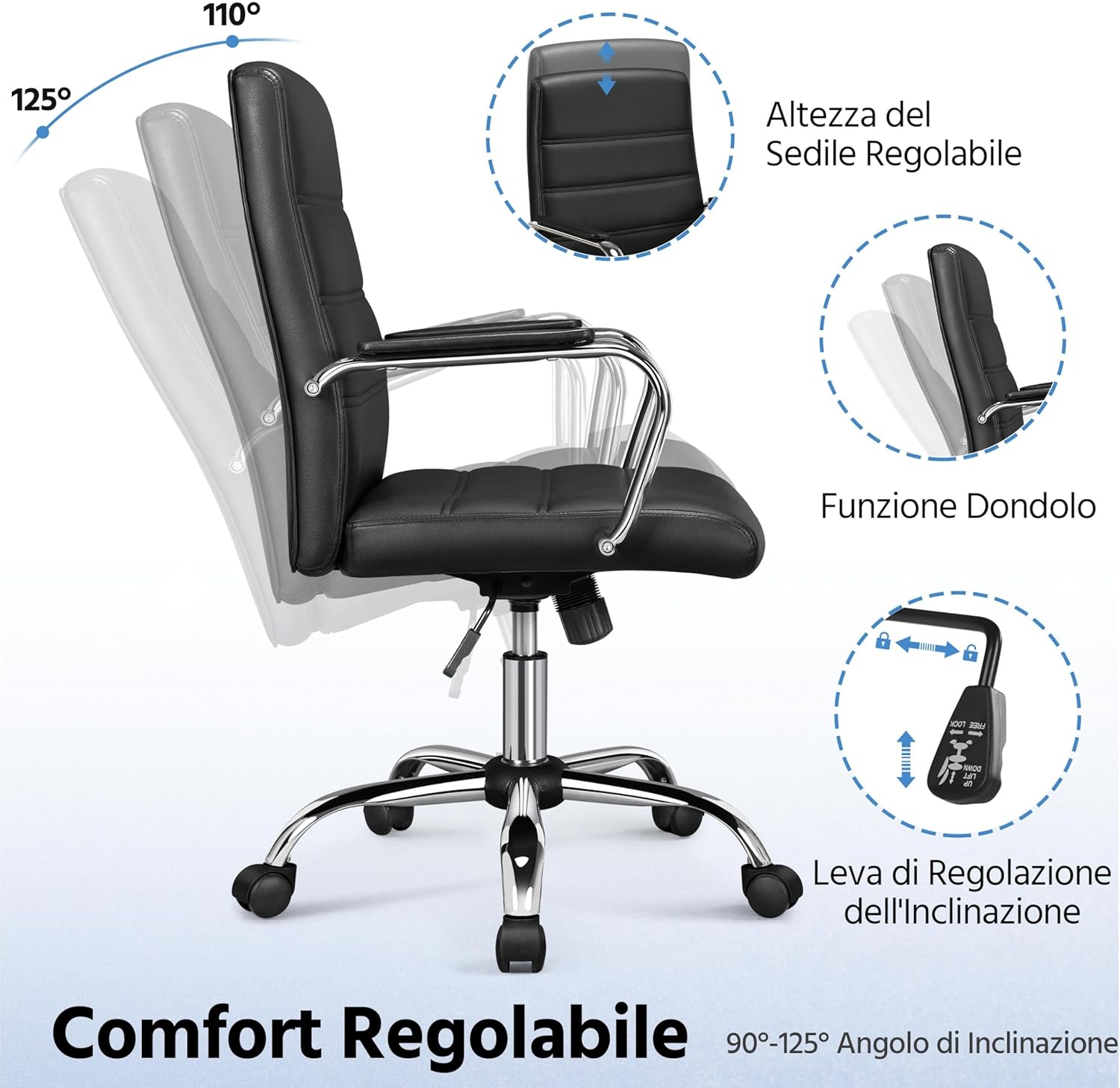 Thumbnail 4 de Yaheetech Poltroncina ergonomica da ufficio reclinabile girevole in ecopelle, altezza regolabile (portata 130 kg) nera