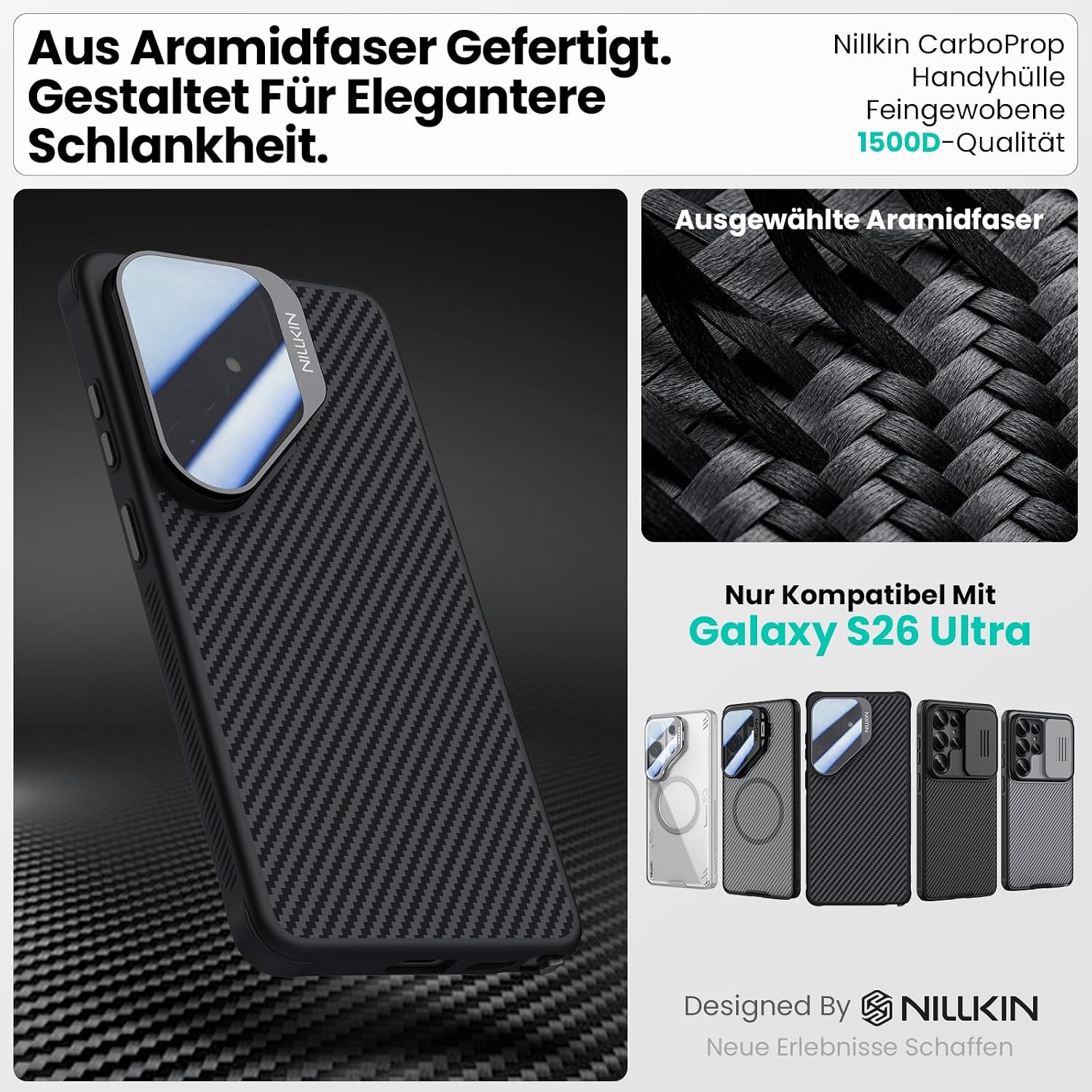 Detalle de Nillkin Hülle für Samsung Galaxy S26 Ultra – MagSafe kompatibel, getönter Kamera-Schutzdeckel & Ständer, 1500D Aramidfaser