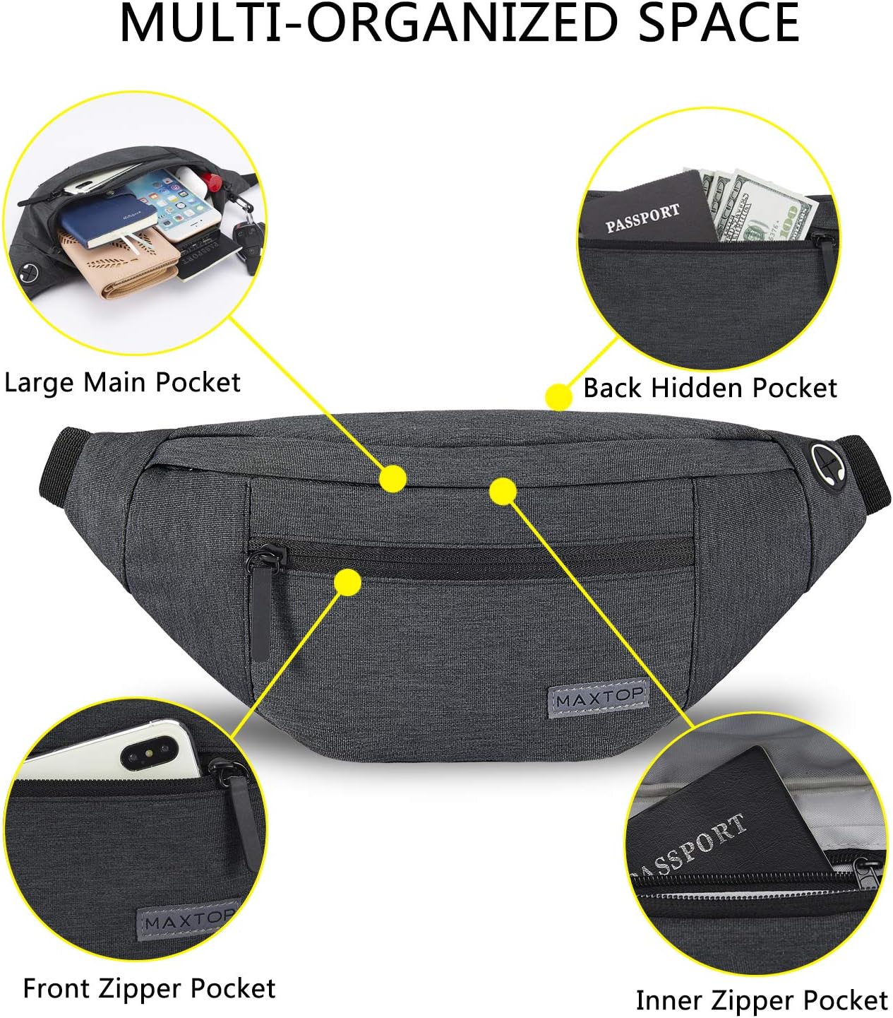 Detalle de MAXTOP Large Bumbag Waist Fanny Pack with Headphone Jack and 4-Zipper Pockets