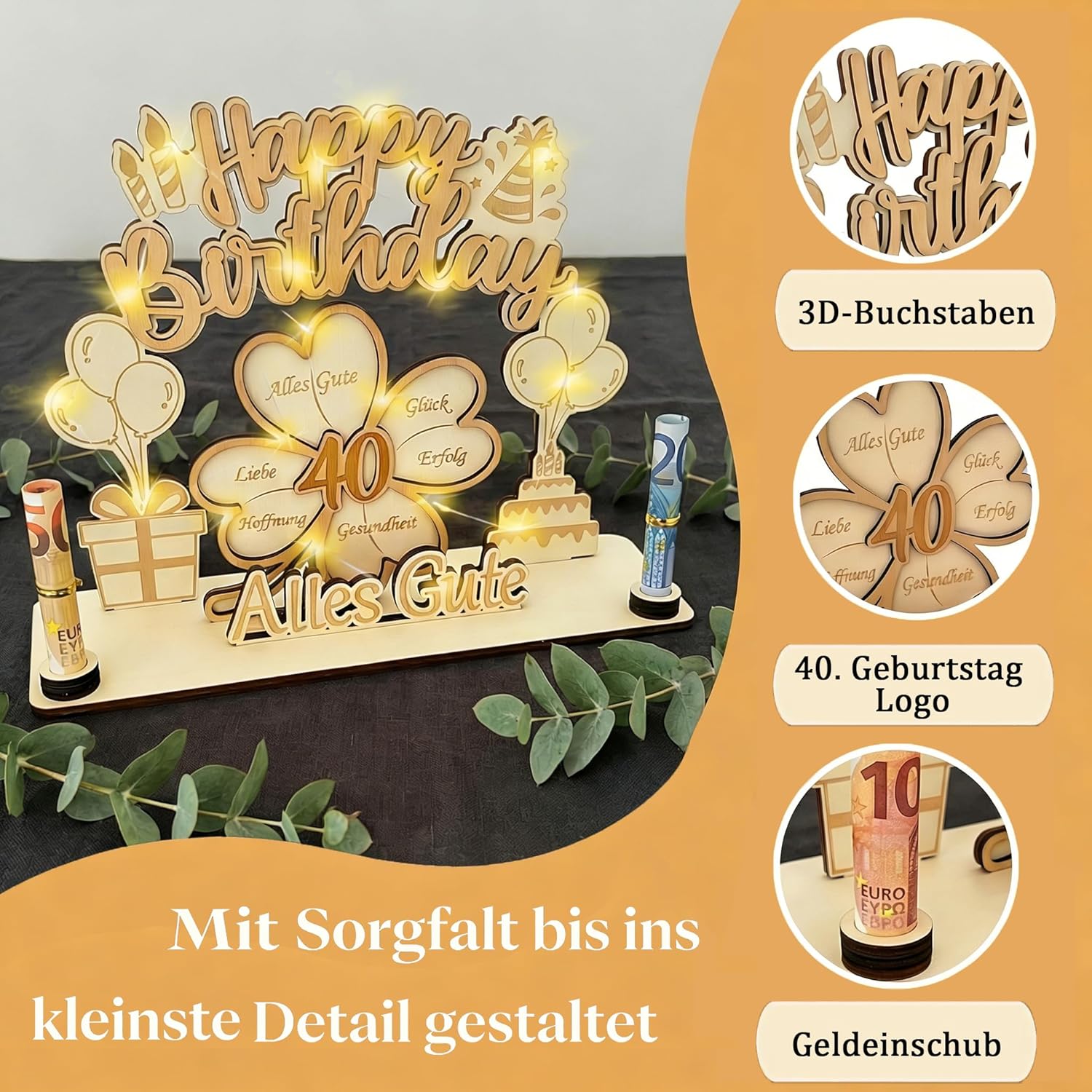 Detalle de 40 Geburtstag Geldgeschenk für Männer und Frauen – personalisierte Holzdekoration mit 3D Glückskleeblatt, LED-Beleuchtung und verpacktem Geldgeschenk