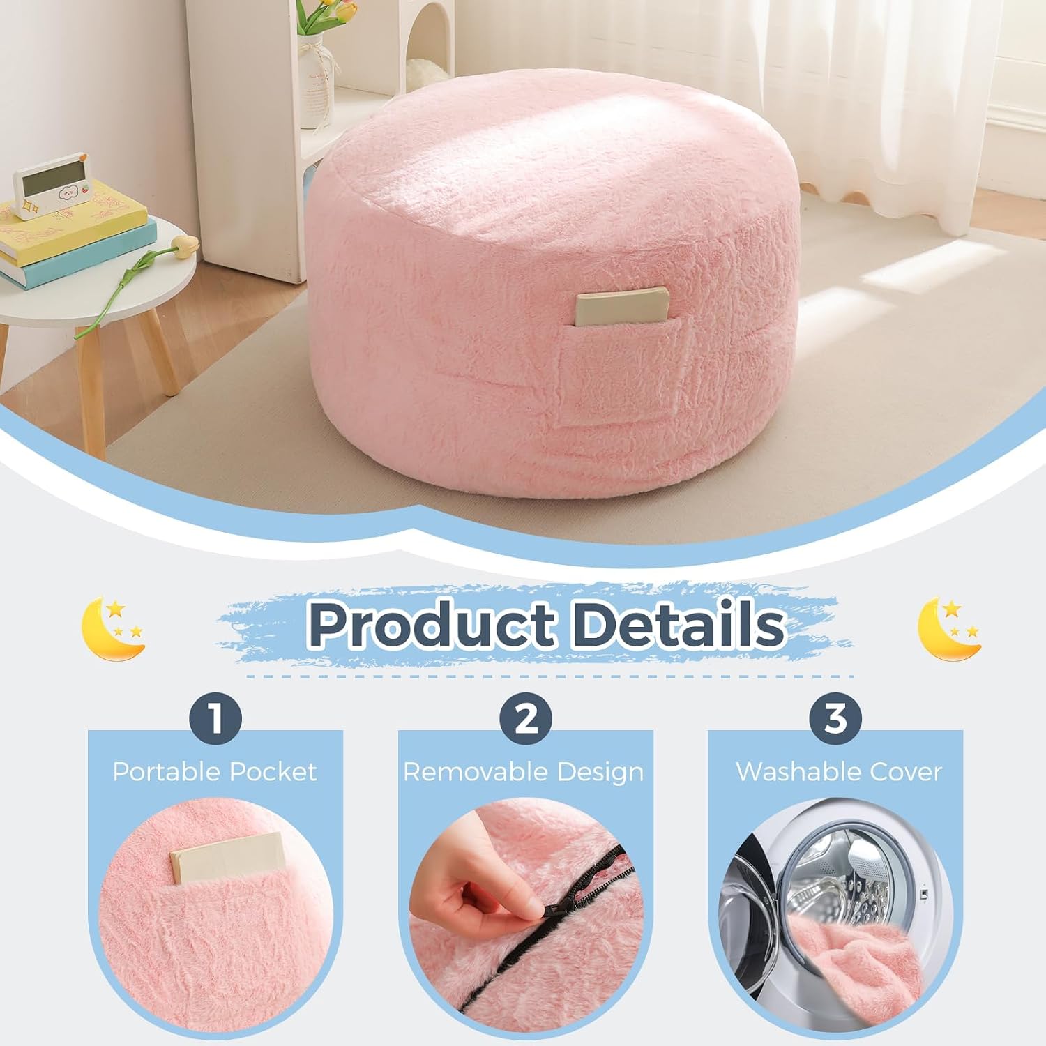 Detalle de MAXYOYO K06-Series Kids’ Convertible Bean Bag Chair, Pink, High-Density Foam