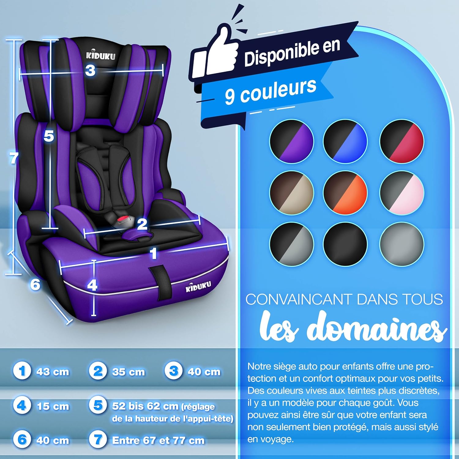 Detalle de KIDUKU Siège auto pour enfants avec Protection, évoluant avec la croissance, norme ECE R129/03, de 9 kg à 36 kg (Groupe 1/2/3) - Noir/Violet