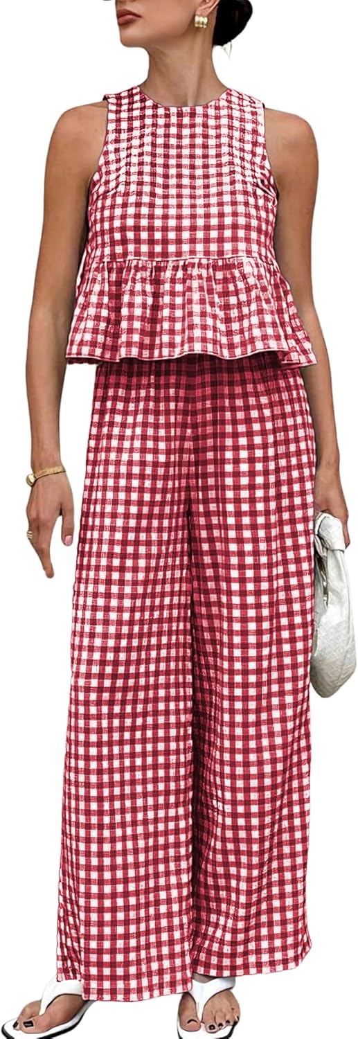 Detalle 2 de VATEAMI Women's 2-Piece Gingham Set: Sleeveless Ruffle Tank & Wide-Leg Pants