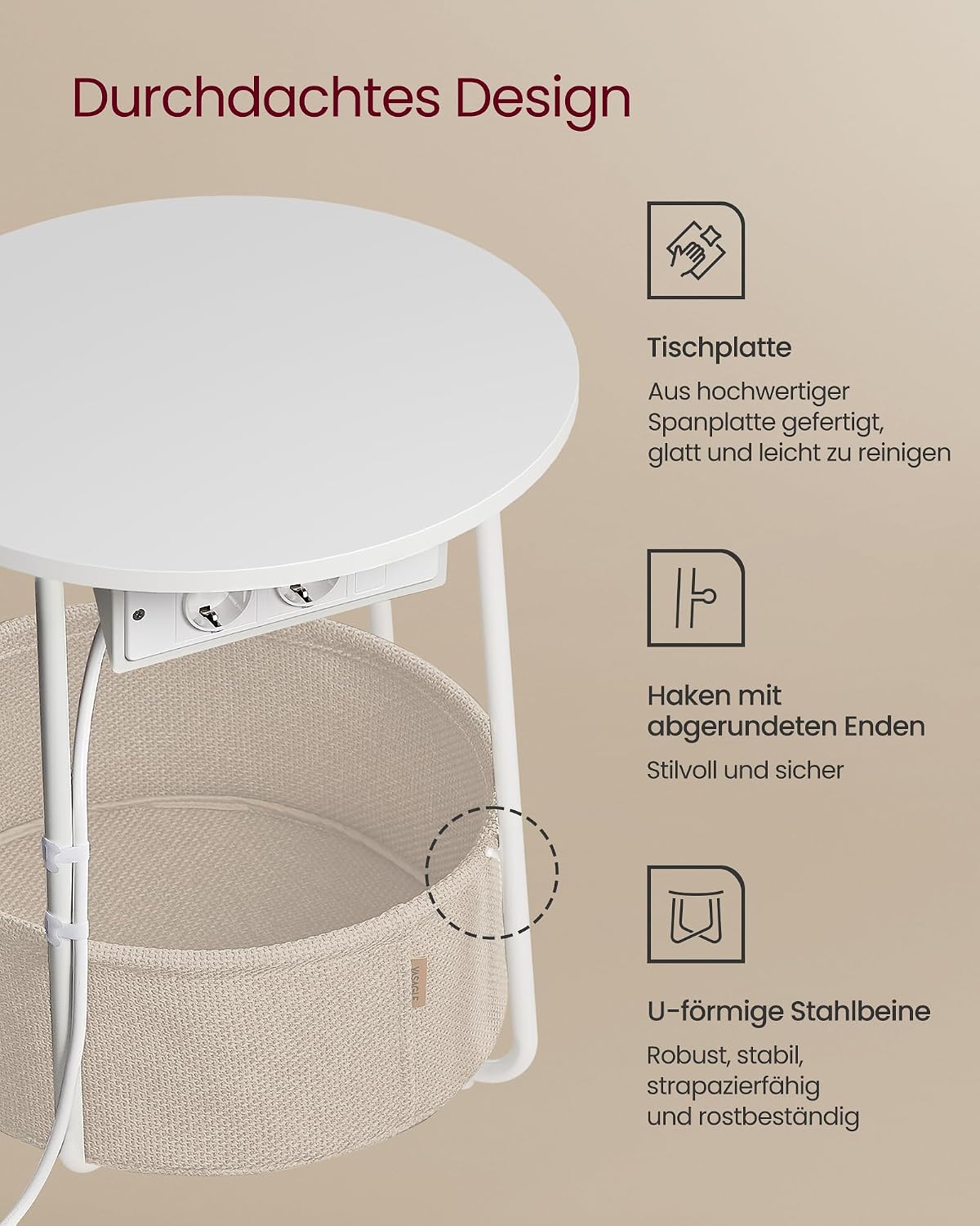 Thumbnail 4 de VASAGLE LILEA Kollektion Beistelltisch rund LET228W02 – kompakter Couchtisch mit Korb und Steckdose