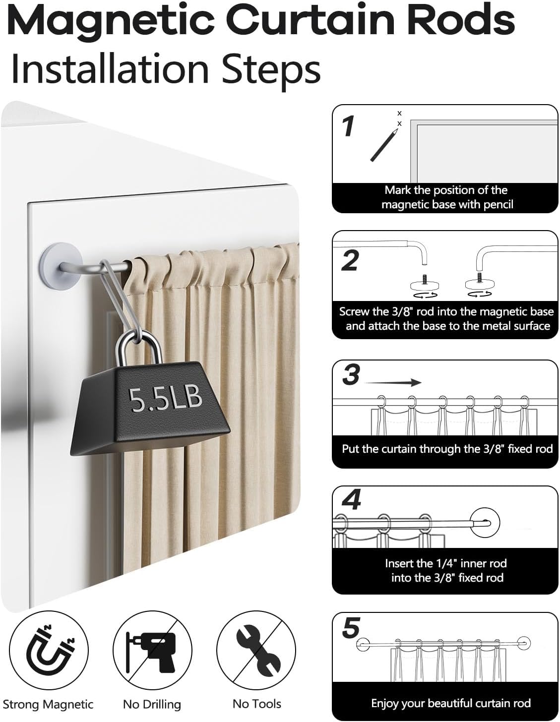 Detalle 2 de Rodzwin CTG Magnetic Curtain Rod, Adjustable 16–30 Inch Nickel Pole