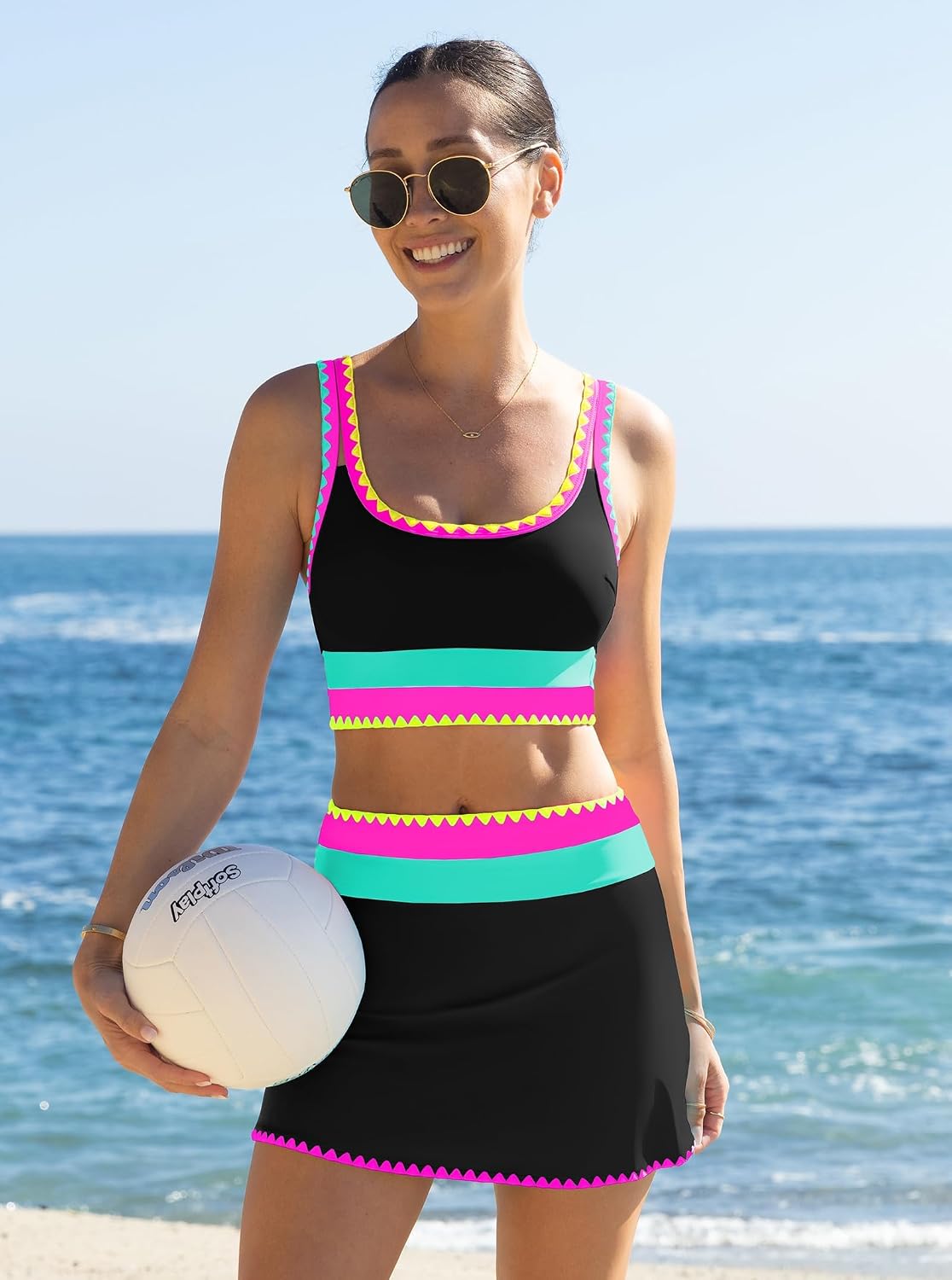 Detalle de popvil High Waisted Bikini Sets for Women Tummy Control (3-Piece Neon Swimsuits with Skirt)