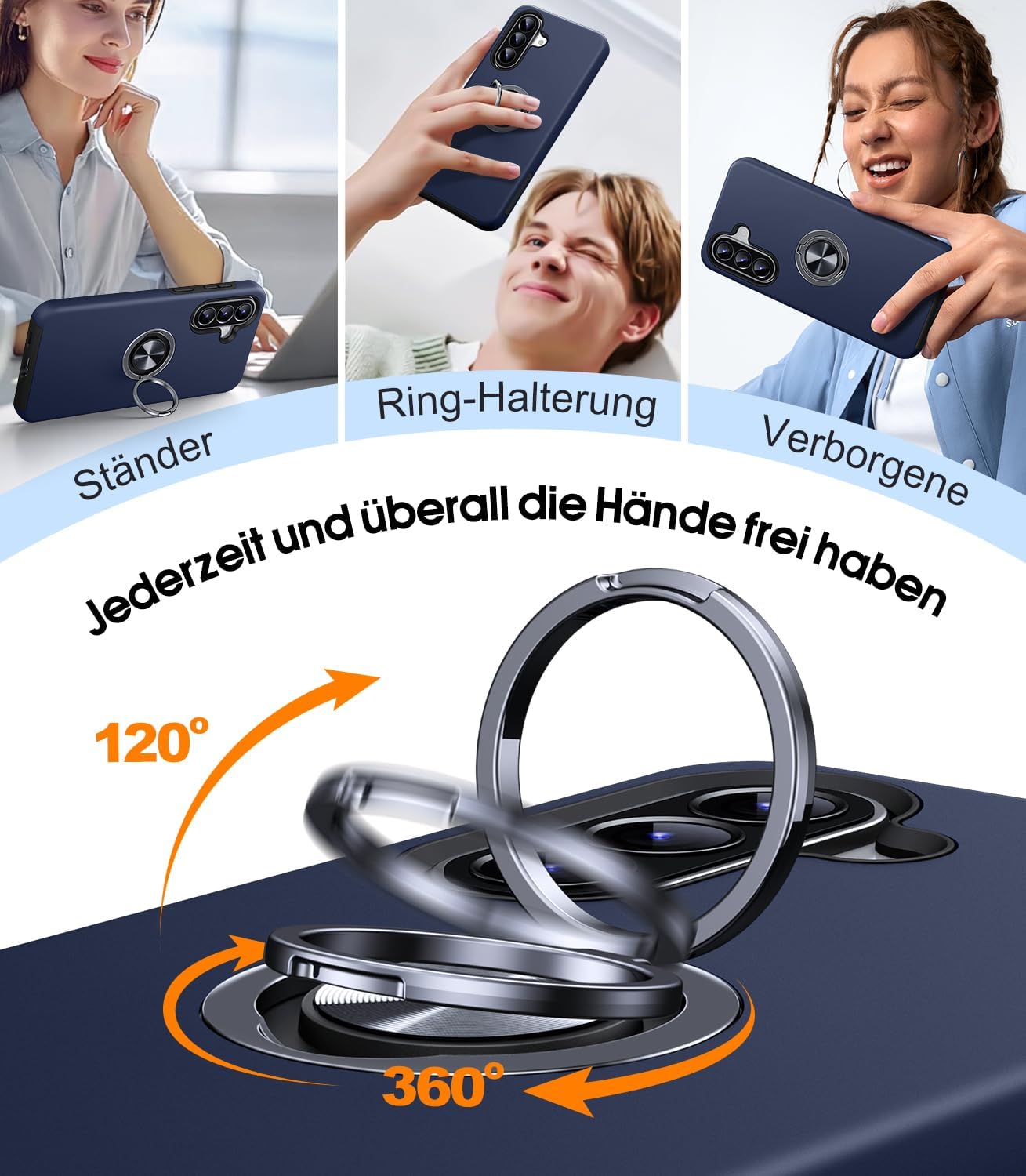 Detalle de AOUIA Hülle für Samsung Galaxy A57 5G mit 2x Panzerglas – 360° Ring-Ständer, Militärschutz, Blau