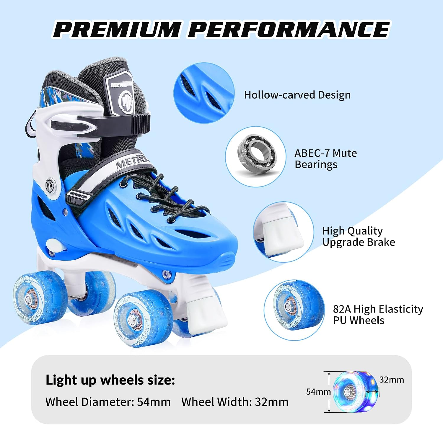 Detalle de METROLLER Adjustable Roller Skates with Light-Up Wheels, Blue Hard Shell