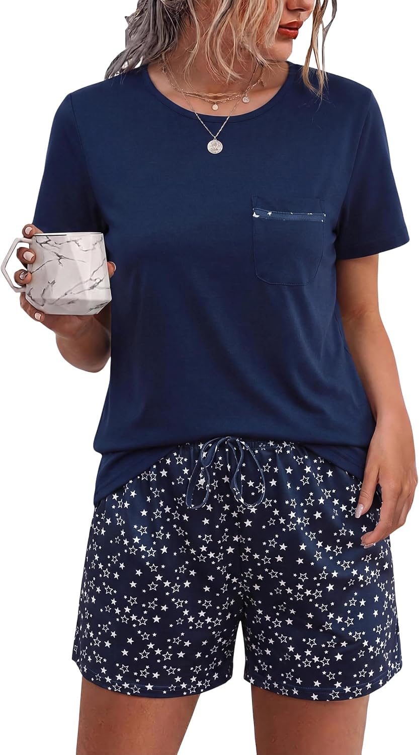 Detalle de Aseniza Damen Kurz Pyjama Set – Baumwolle Shorty mit Sternenprint, 2-teilig