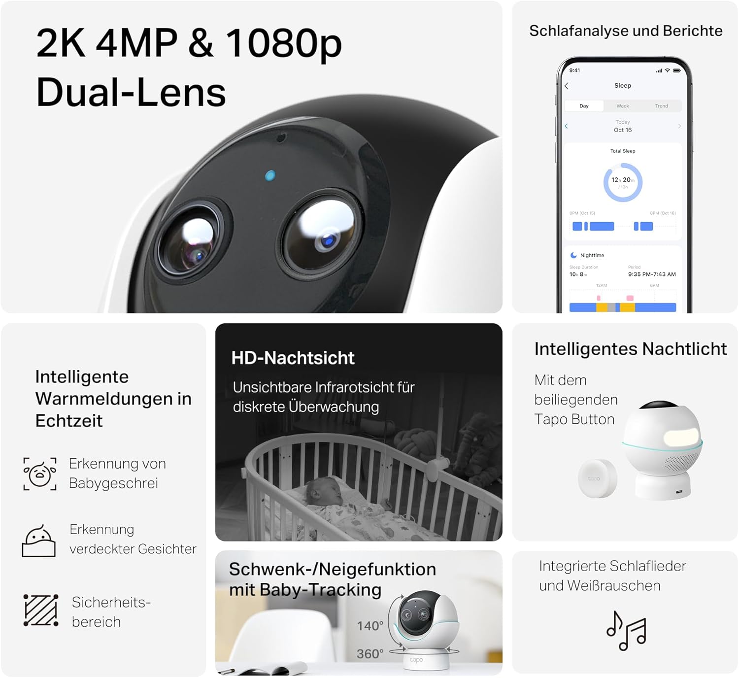 Detalle de Tapo C840 Dual-Objektiv BabyCam – Dual-Lens, Babygeschrei-Erkennung, Schlafanalyse und MicroSD-Speicherung