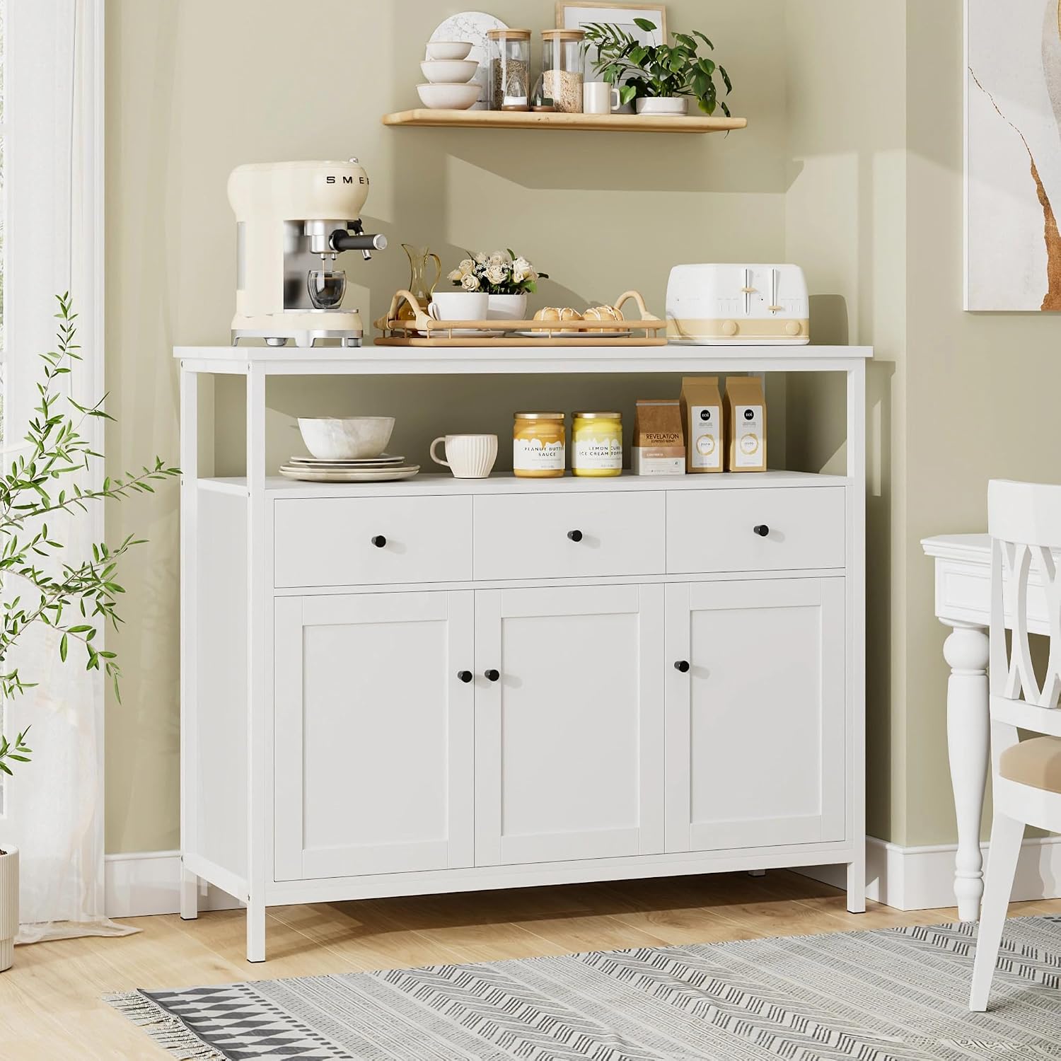 Detalle 2 de FirFurd P030 White Sideboard Storage Cabinet with 3 Doors, 3 Drawers and Adjustable Shelves