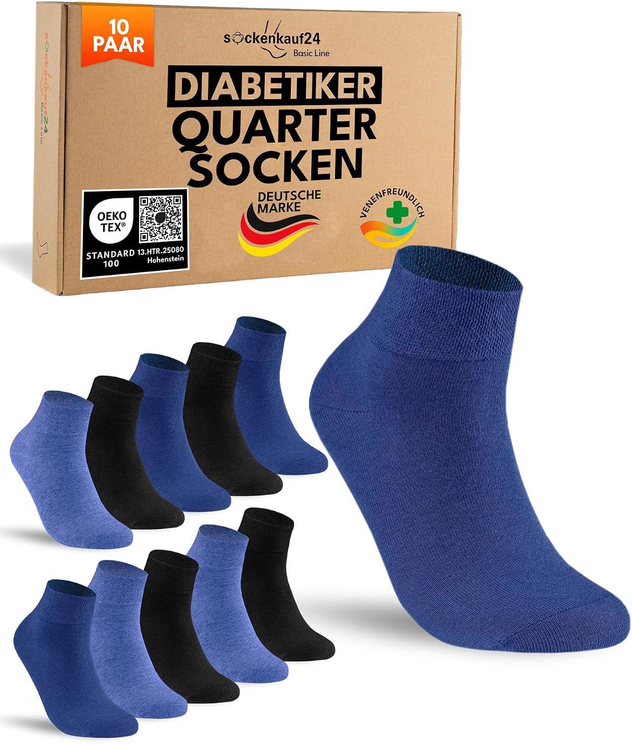 Detalle de sockenkauf24 10 Paar kurze Diabetikersocken ohne Gummibund & ohne Naht (Quarter) für Damen & Herren