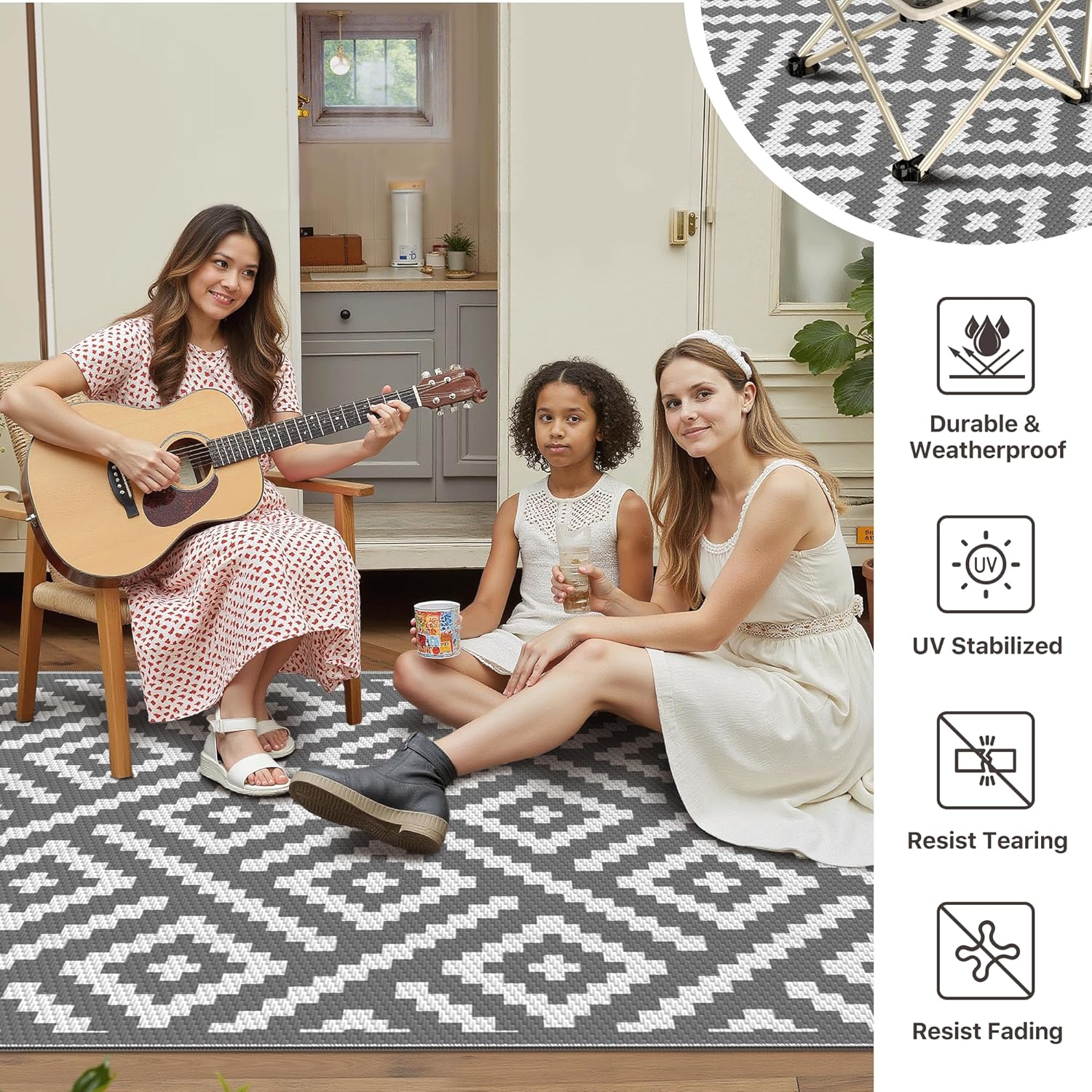 Detalle de GENIMO Tappeto per Esterni 4x6 FT (122x183 cm) – Impermeabile, reversibile, grigio e bianco