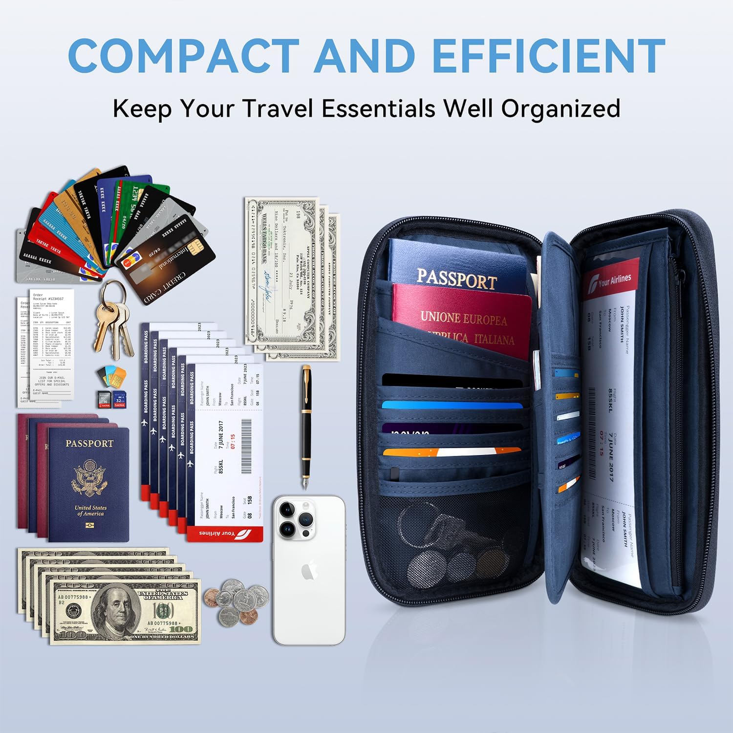 Thumbnail 3 de Looxmeer Family Passport Holder Travel Wallet, RFID-Blocking, Blue, with 2 Straps