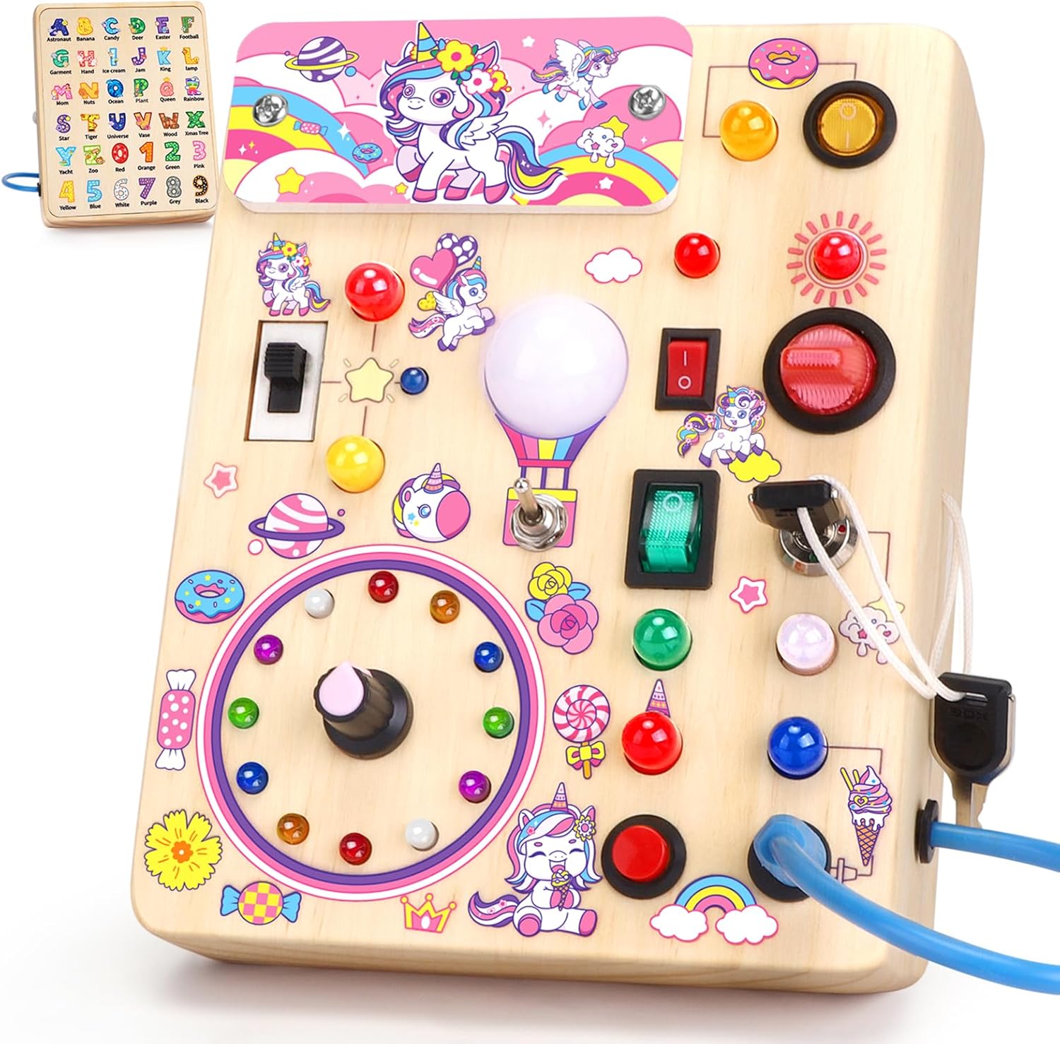 Detalle de Konijiwa Einhorn Montessori Busy Board – Holzspielzeug mit 10 Schaltern und 23 LEDs, ab 1 Jahr